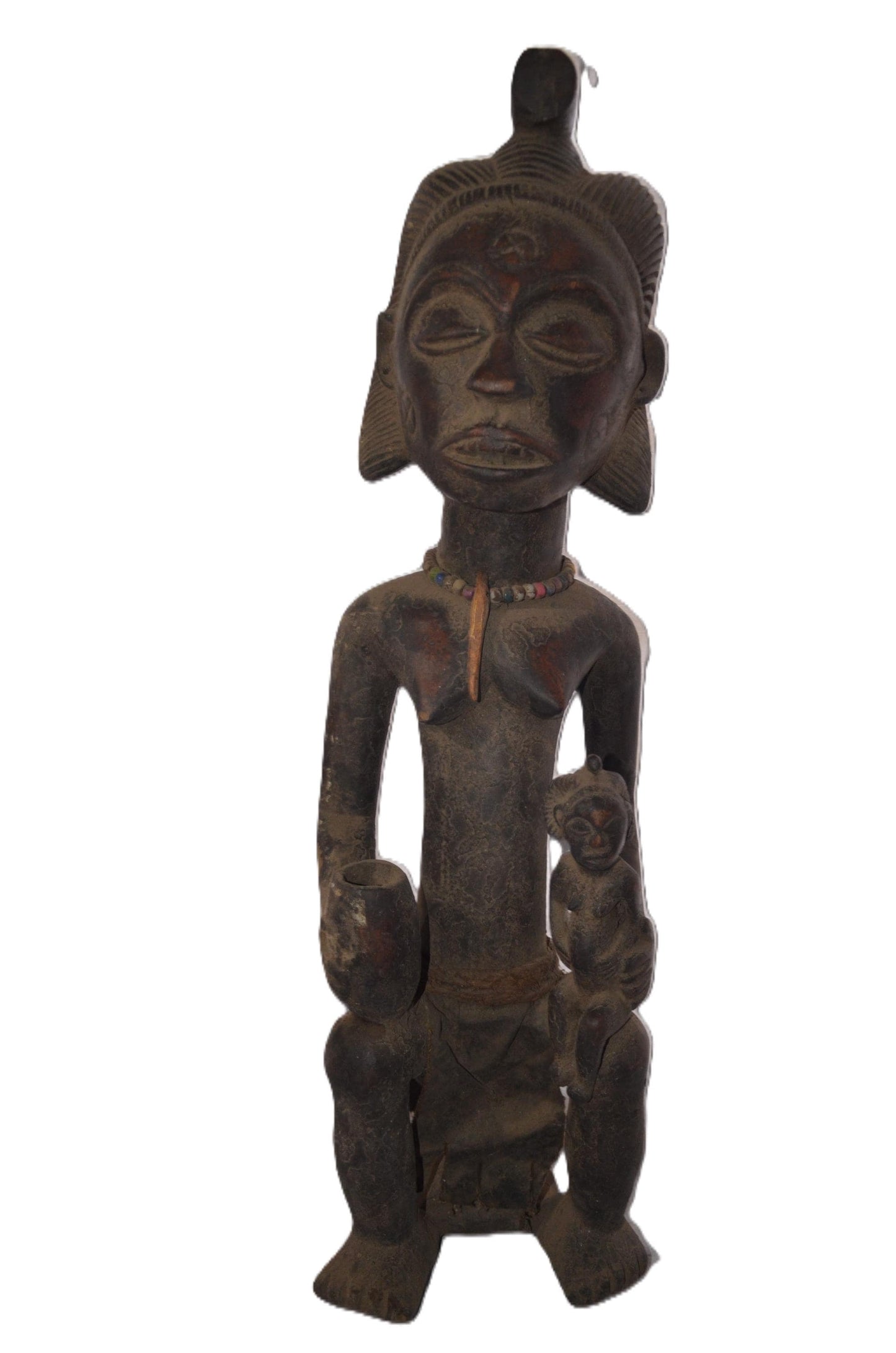 Luba Maternity Statue | Tall Seated Figure with Cup | Congo Tribal Beaded Mother Art