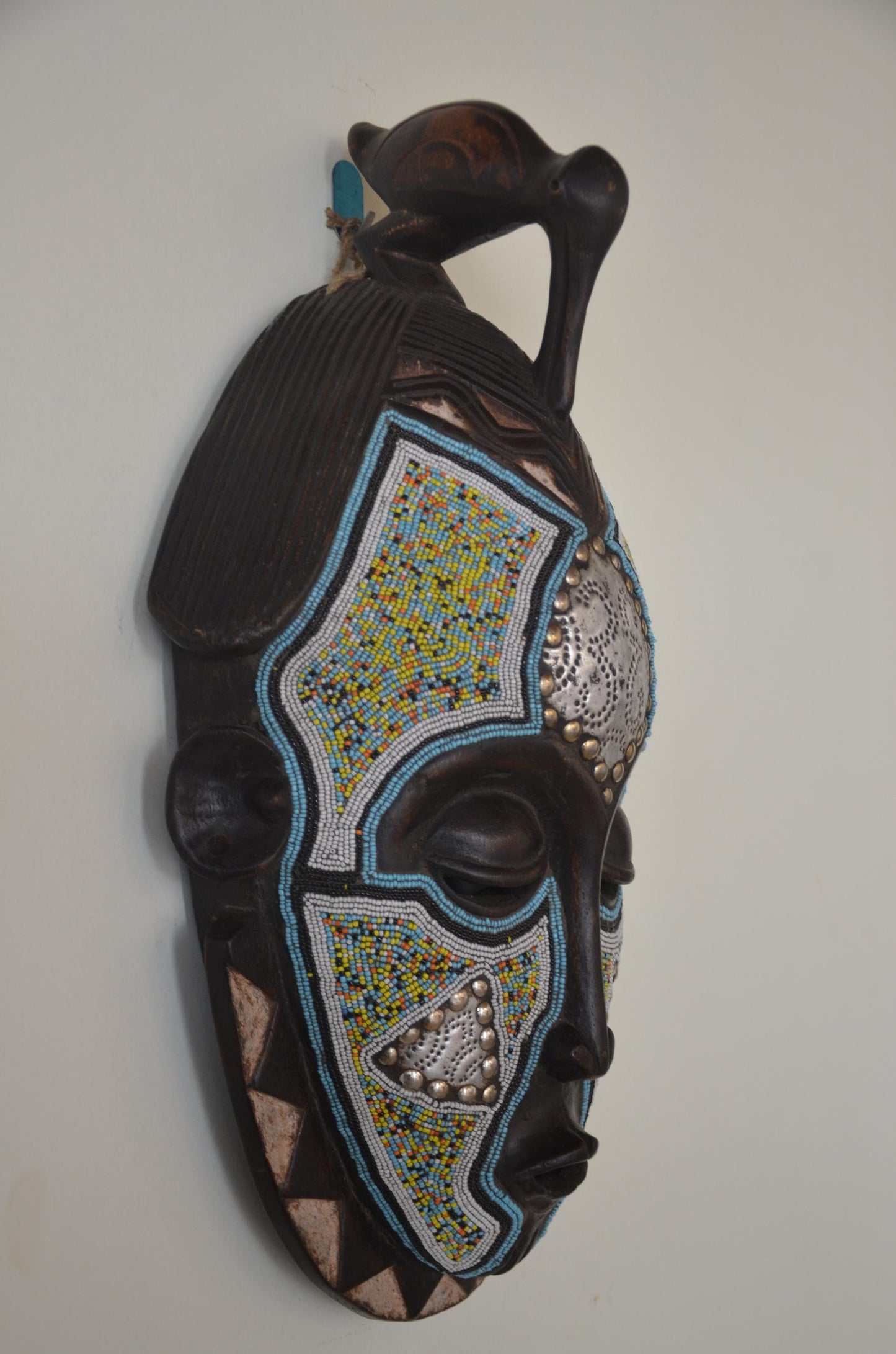 Kusu Tribal Mask | Beaded Painted Wood Wall Decor | Congo Ceremonial Art
