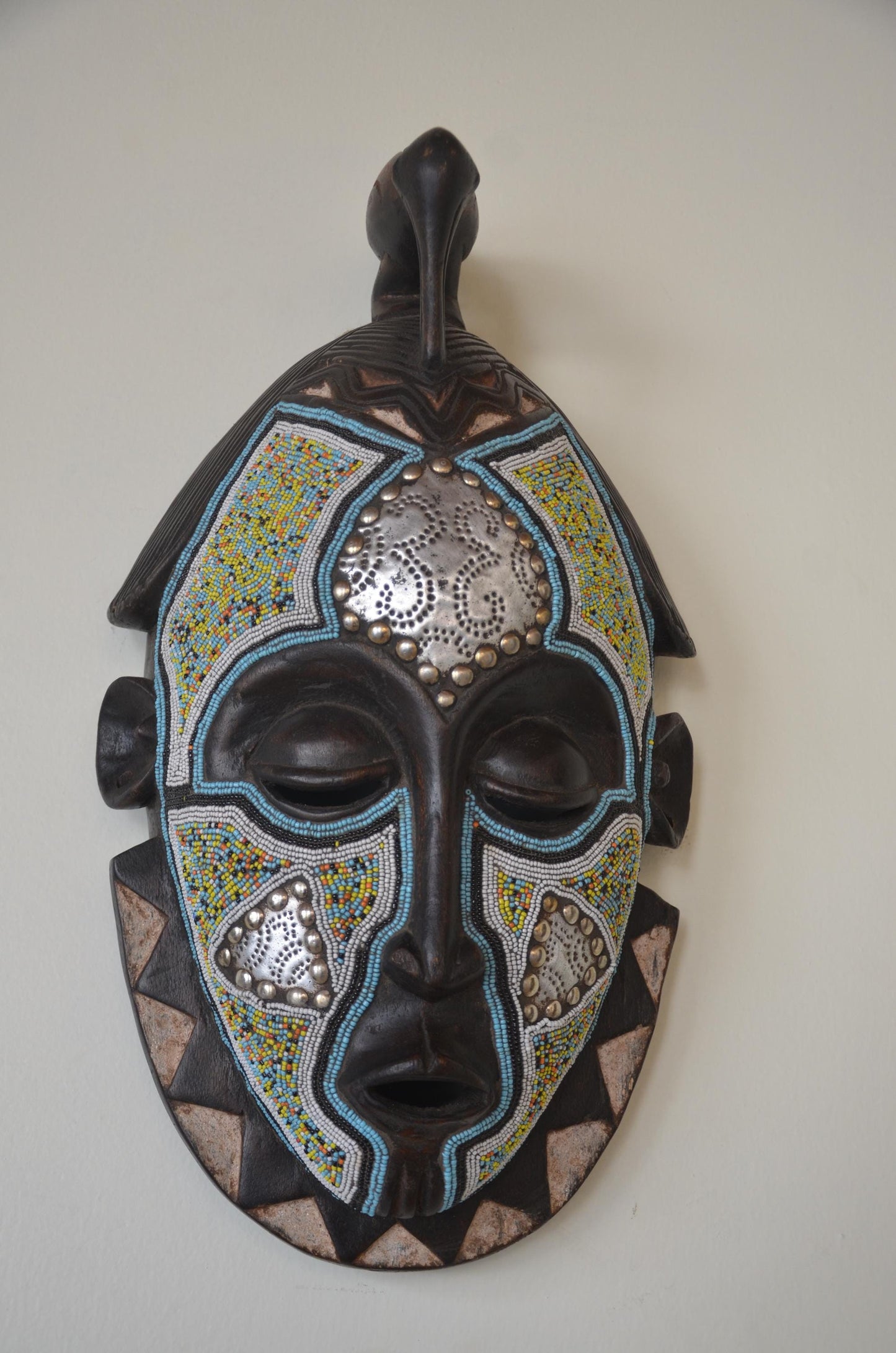 Kusu Tribal Mask | Beaded Painted Wood Wall Decor | Congo Ceremonial Art