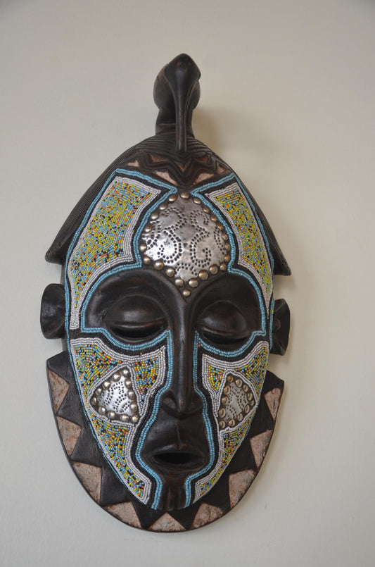 Kusu Tribal Mask | Beaded Painted Wood Wall Decor | Congo Ceremonial Art