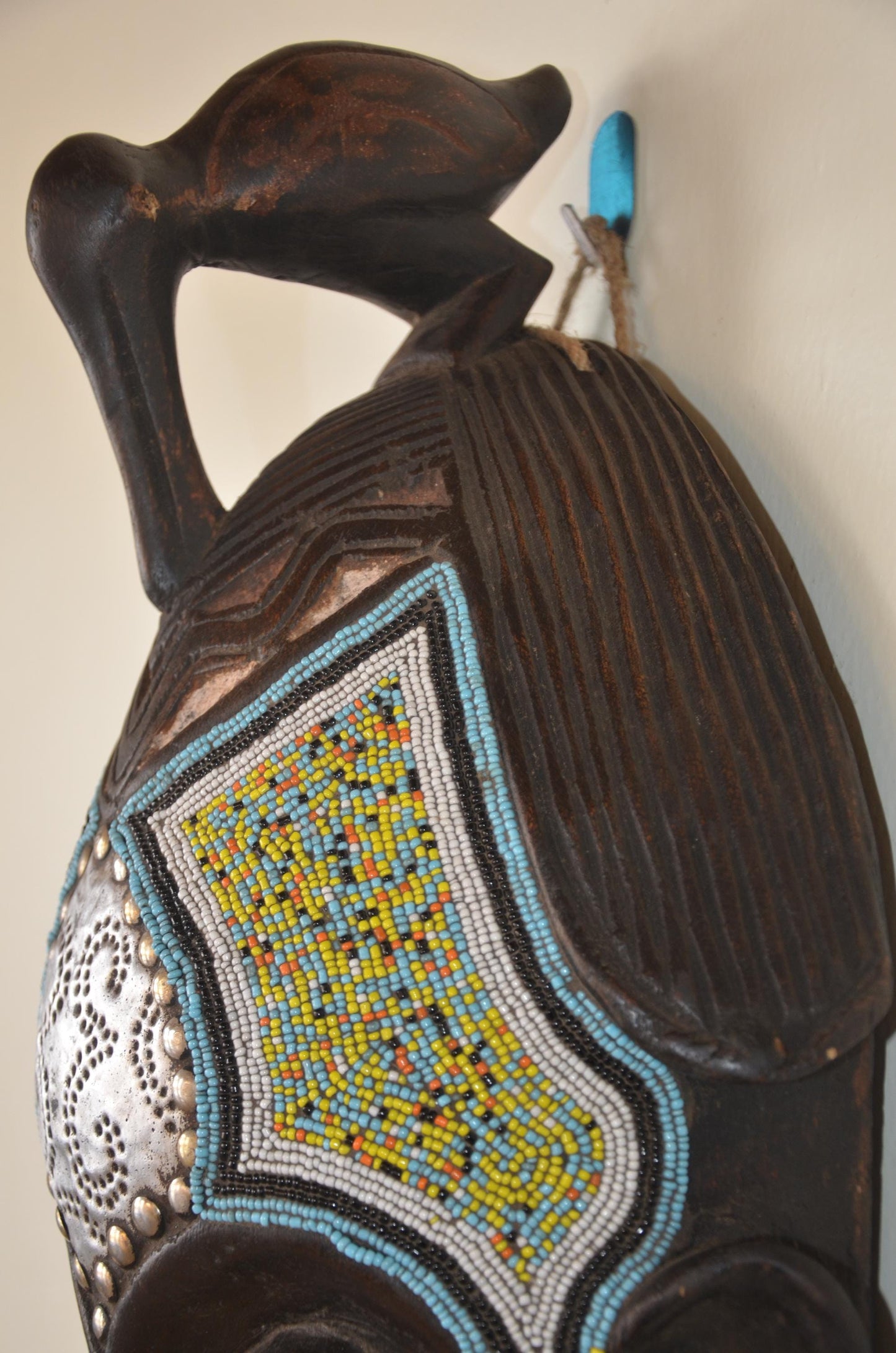 Kusu Tribal Mask | Beaded Painted Wood Wall Decor | Congo Ceremonial Art