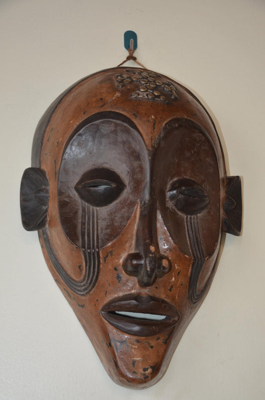 Beaded Guro Mblo Mask – 21" Ivory Coast Wood Wall Art – African Tribal Beadwork