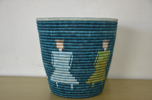 Handwoven African Coiled Basket | Deep Blue Figurative Art | Artisanal Storage Vessel