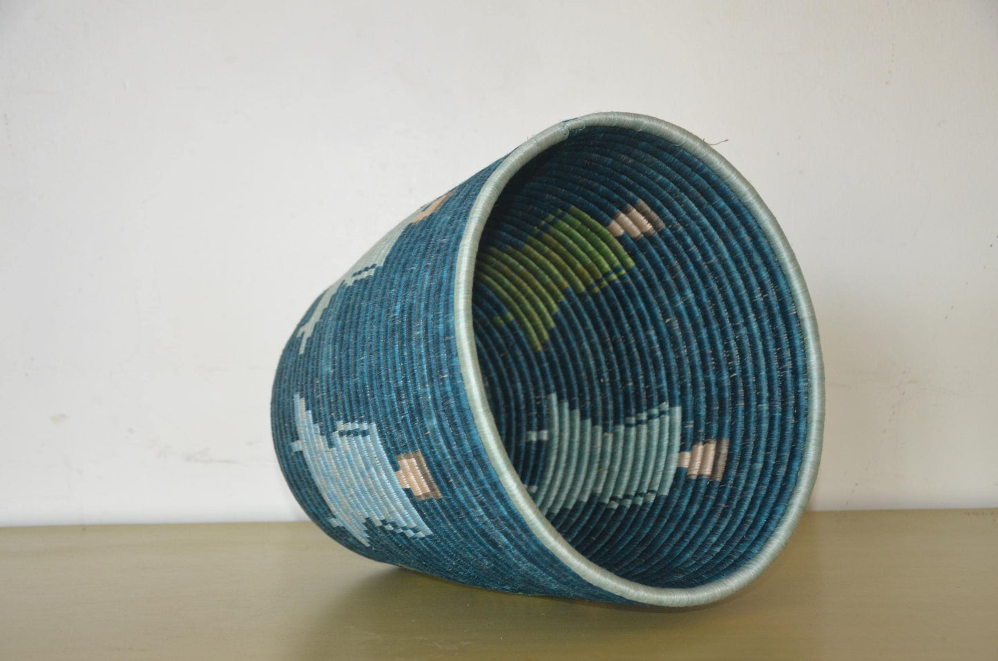 Handwoven African Coiled Basket | Deep Blue Figurative Art | Artisanal Storage Vessel