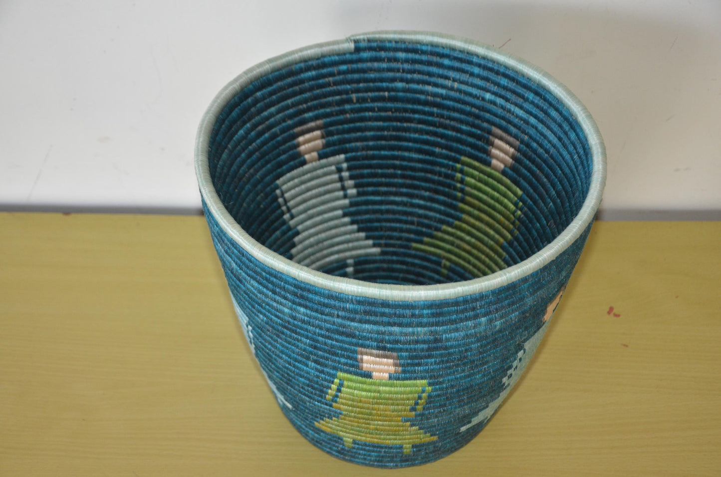 Handwoven African Coiled Basket | Deep Blue Figurative Art | Artisanal Storage Vessel
