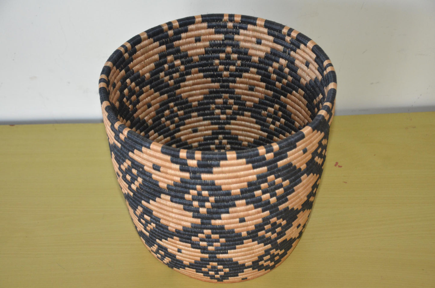 Handwoven African Coiled Basket | Geometric Diamond Grid | Artisan Storage Vessel