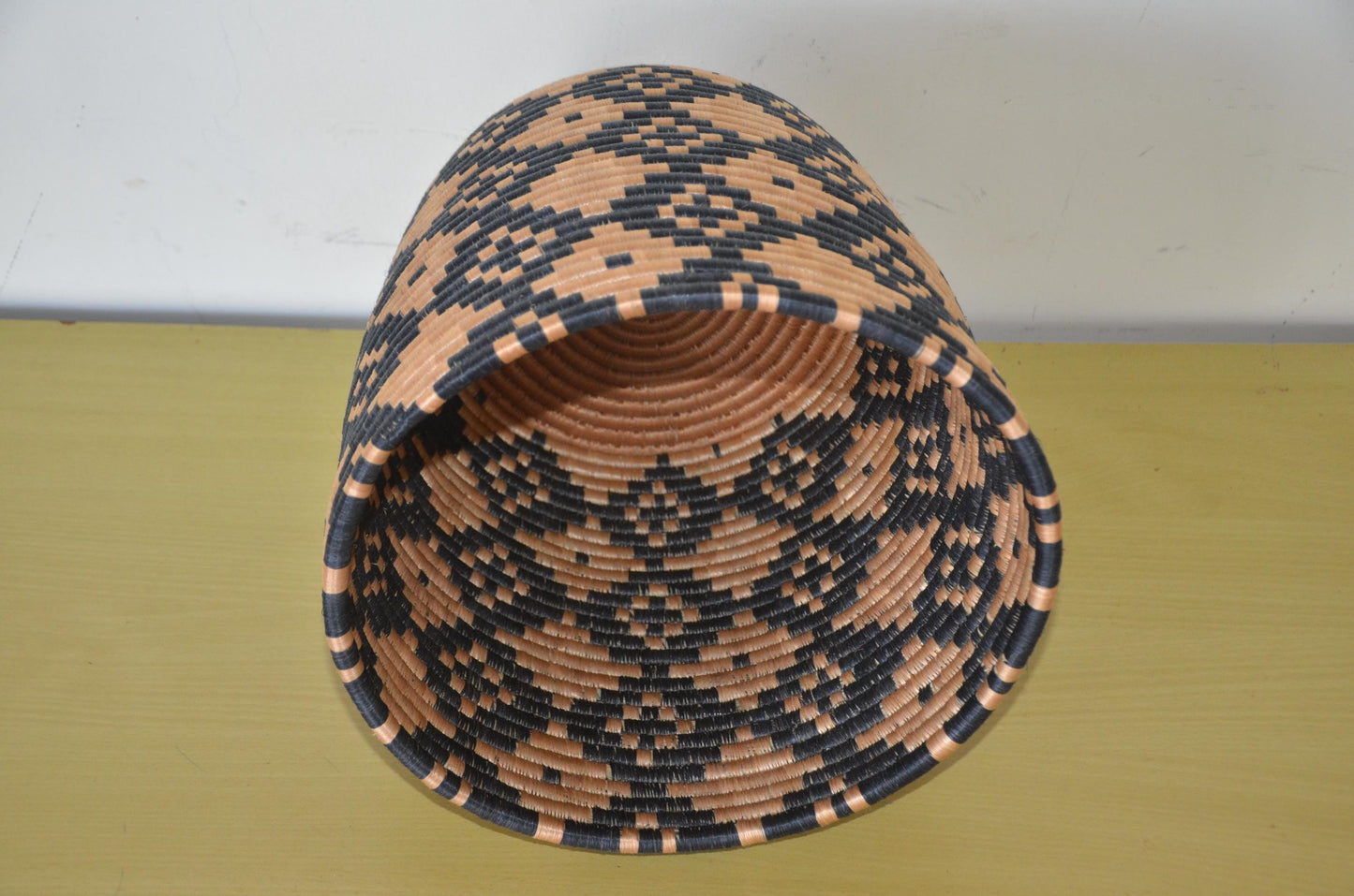 Handwoven African Coiled Basket | Geometric Diamond Grid | Artisan Storage Vessel