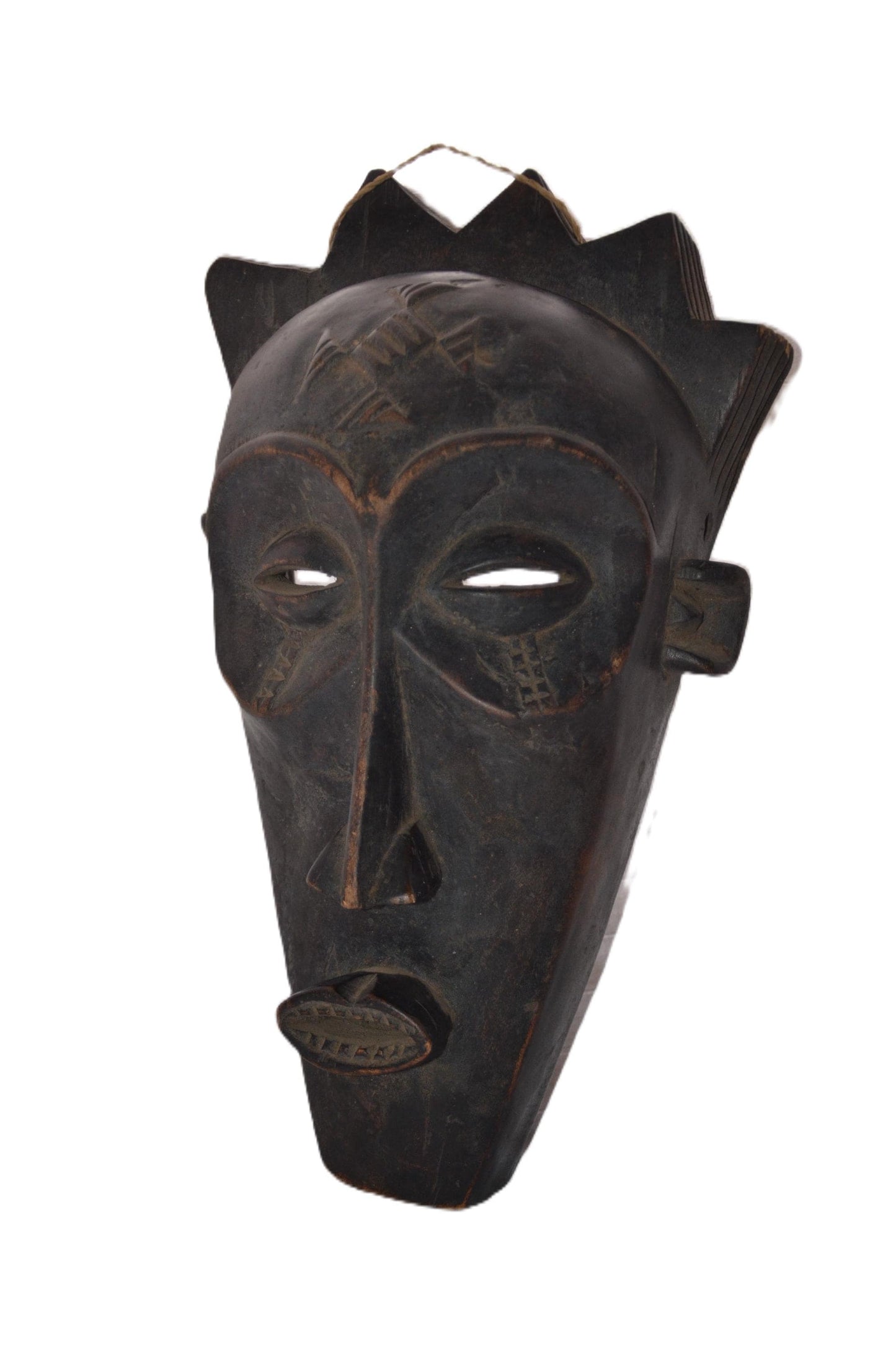 Chokwe Pwo Mask | Hand-Carved Wood Forehead Cross | Congo Crowned Tribal Wall Art