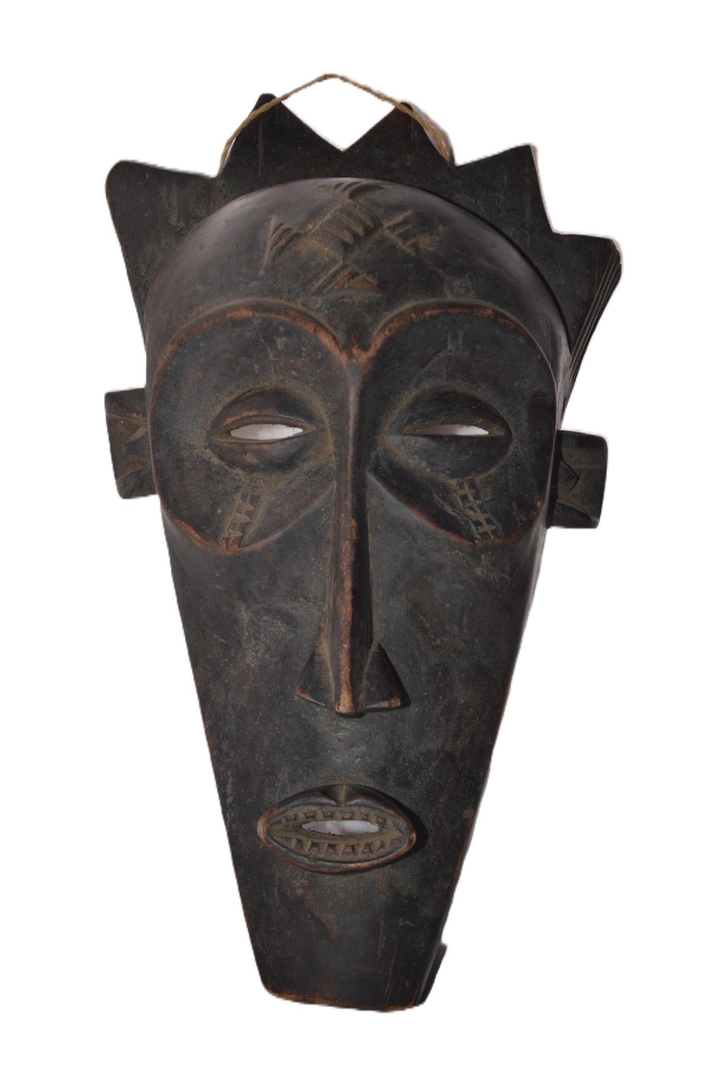 Chokwe Pwo Mask | Hand-Carved Wood Forehead Cross | Congo Crowned Tribal Wall Art