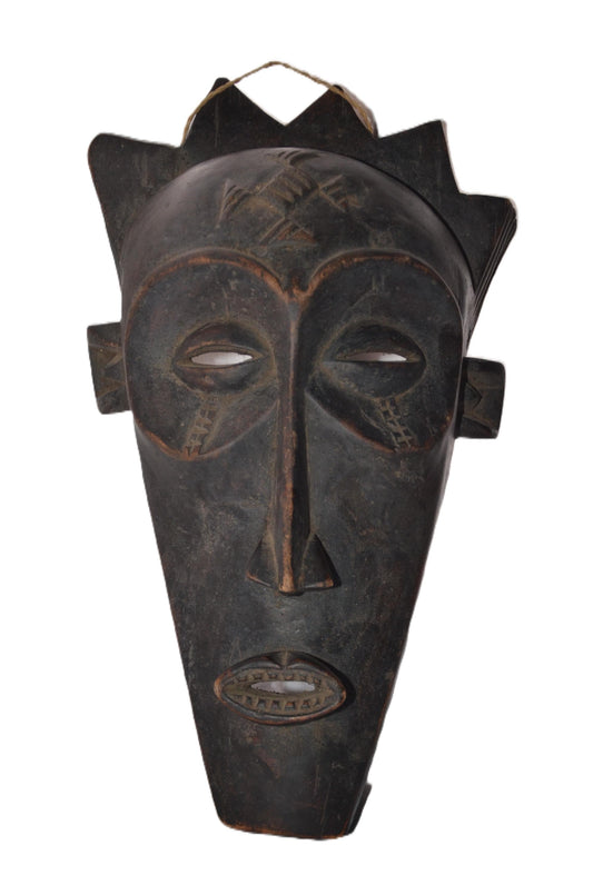 Chokwe Pwo Mask | Hand-Carved Wood Forehead Cross | Congo Crowned Tribal Wall Art