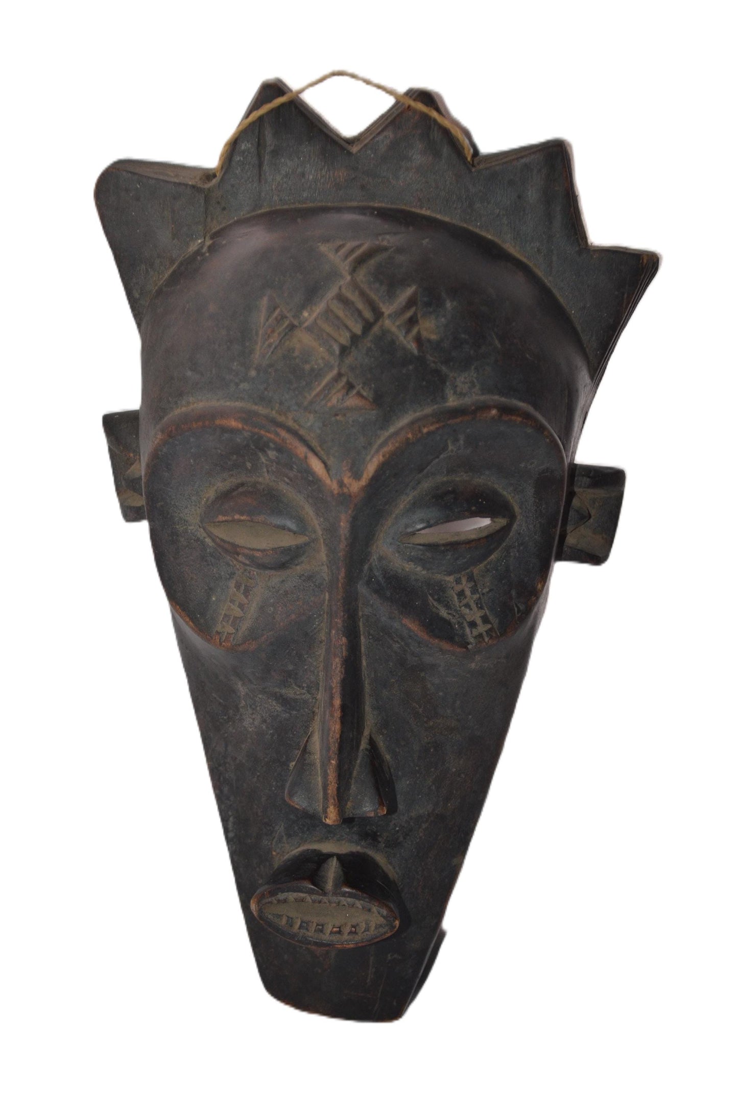 Chokwe Pwo Mask | Hand-Carved Wood Forehead Cross | Congo Crowned Tribal Wall Art
