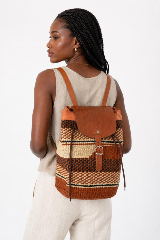 Handwoven Artisan Backpack | Leather-Trimmed Rucksack | Boho Everyday Daypack