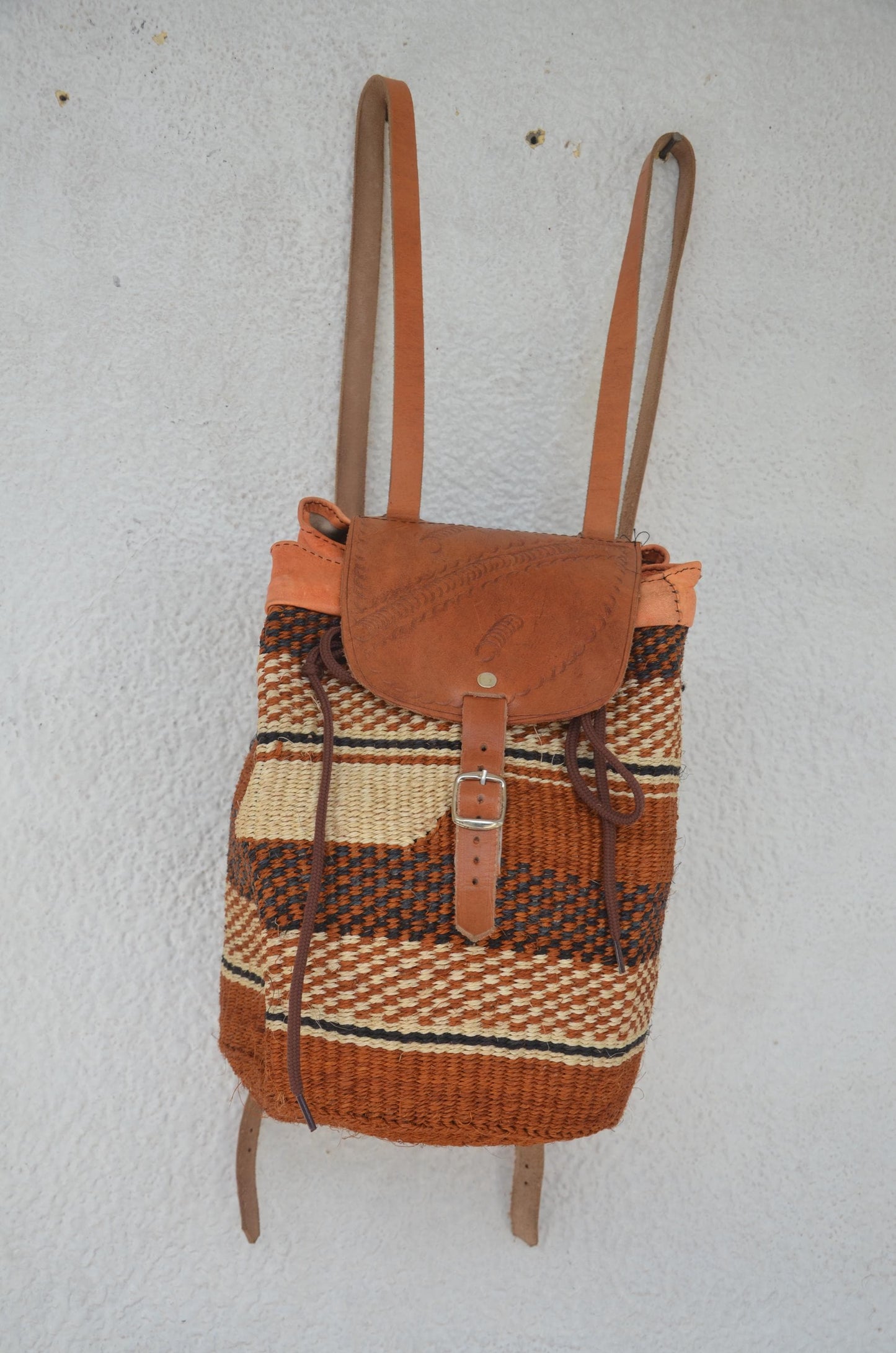 Handwoven Artisan Backpack | Leather-Trimmed Rucksack | Boho Everyday Daypack