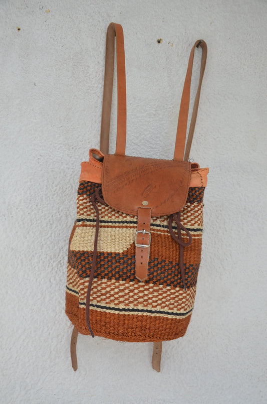 Handwoven Artisan Backpack | Leather-Trimmed Rucksack | Boho Everyday Daypack