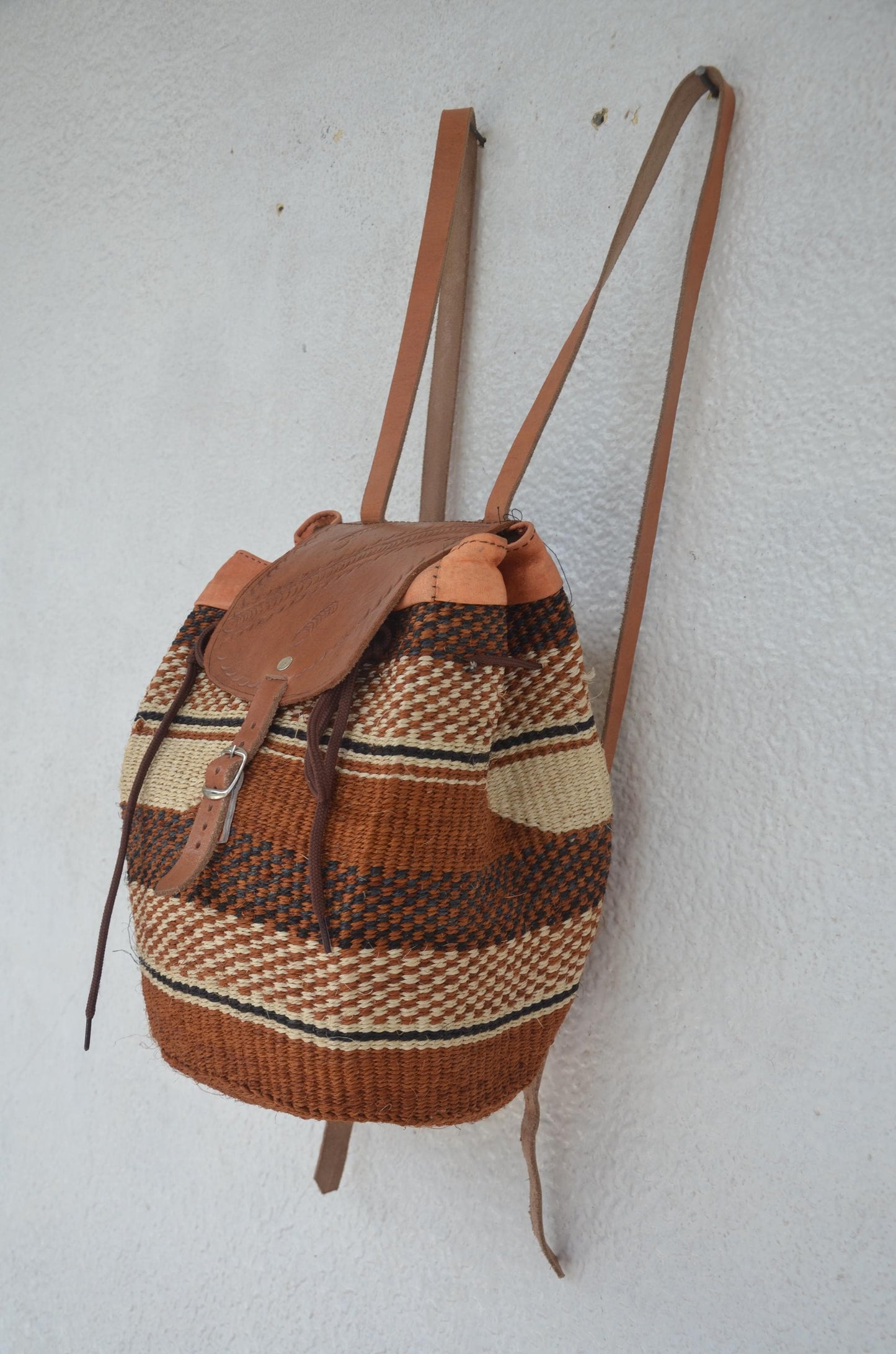 Handwoven Artisan Backpack | Leather-Trimmed Rucksack | Boho Everyday Daypack