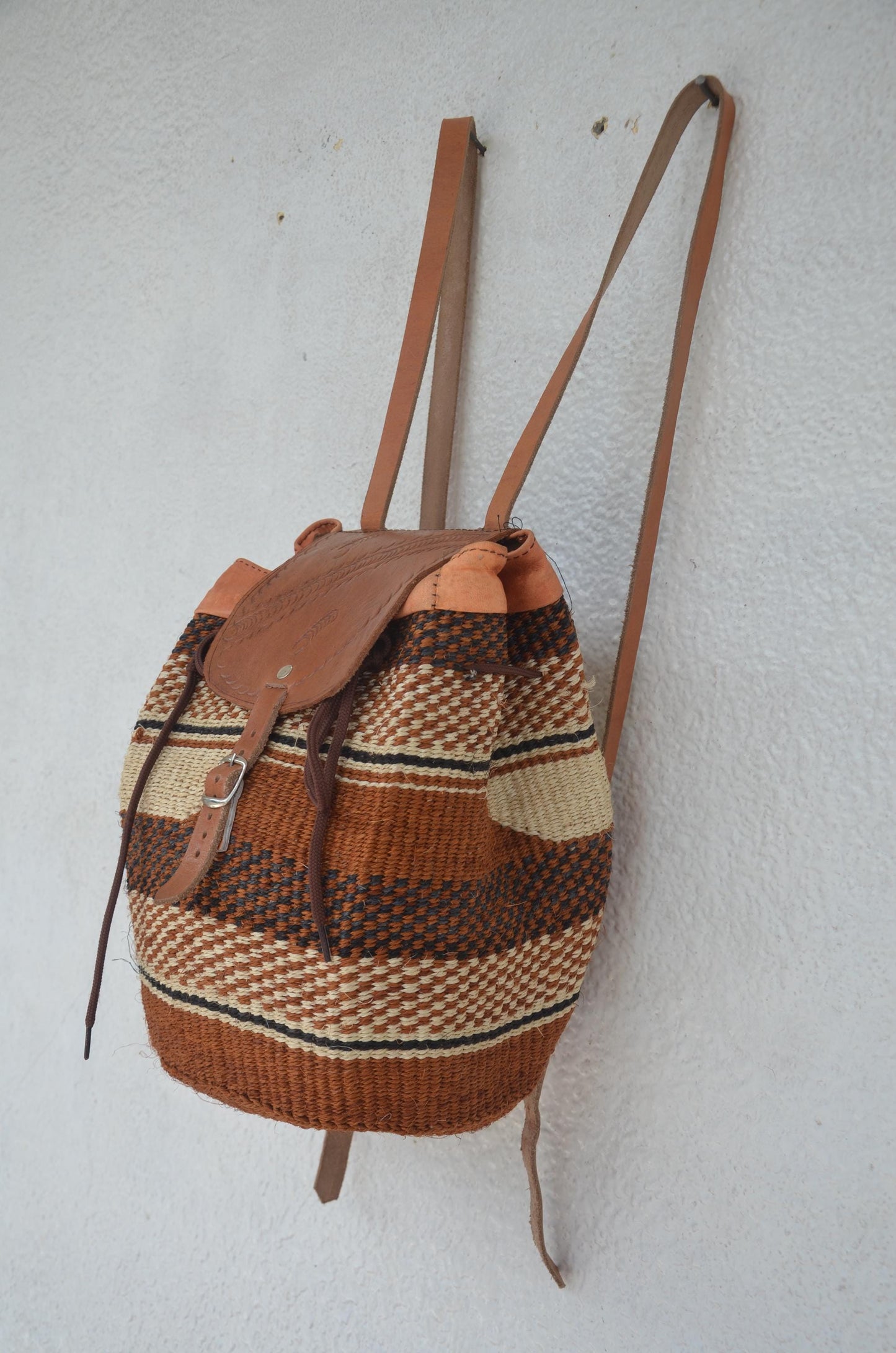 Handwoven Artisan Backpack | Leather-Trimmed Rucksack | Boho Everyday Daypack