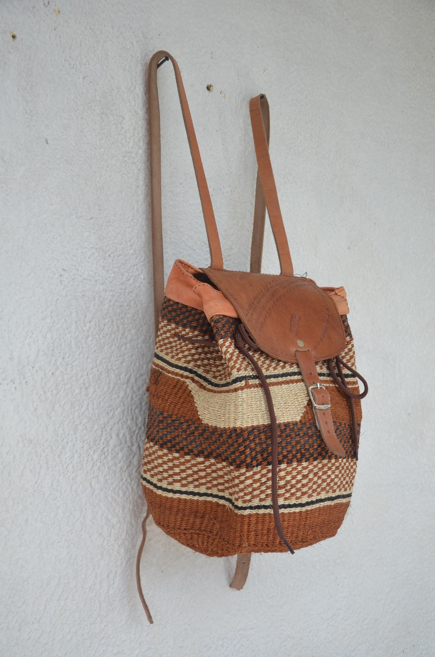 Handwoven Artisan Backpack | Leather-Trimmed Rucksack | Boho Everyday Daypack