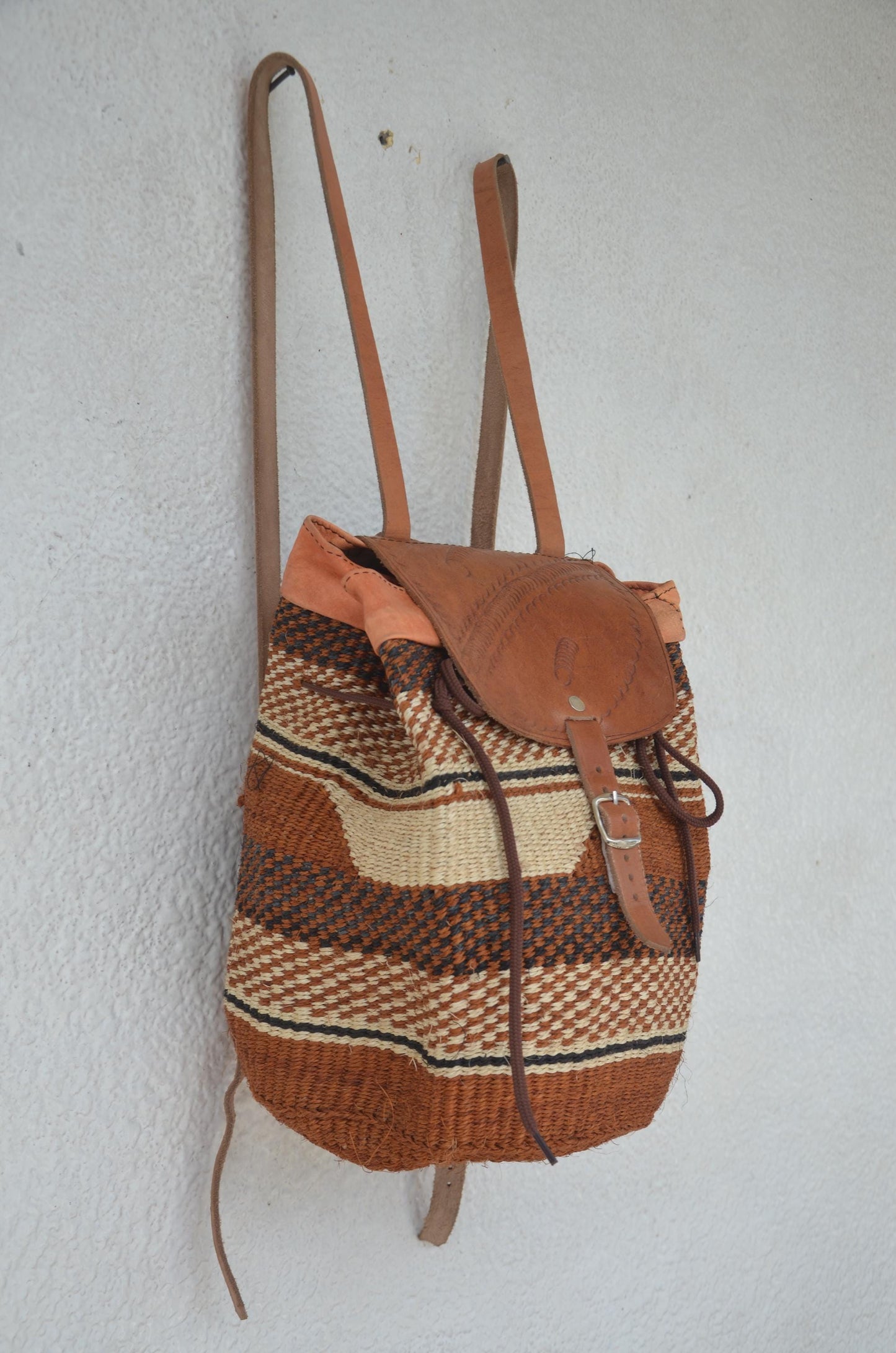 Handwoven Artisan Backpack | Leather-Trimmed Rucksack | Boho Everyday Daypack