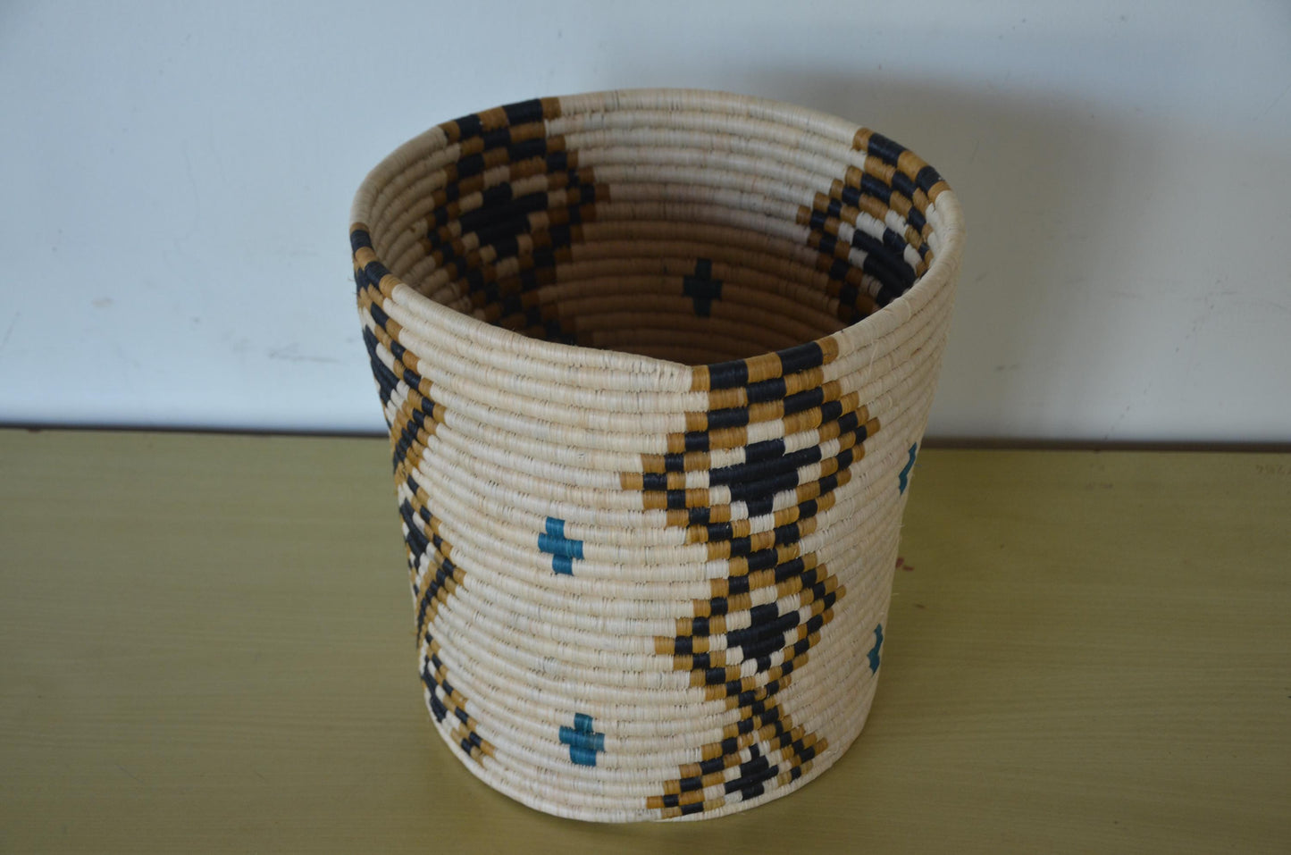 African Coiled Basket | Handwoven Diamond Pattern Bin | Turquoise Accent Storage Art
