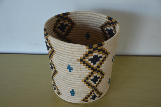 African Coiled Basket | Handwoven Diamond Pattern Bin | Turquoise Accent Storage Art