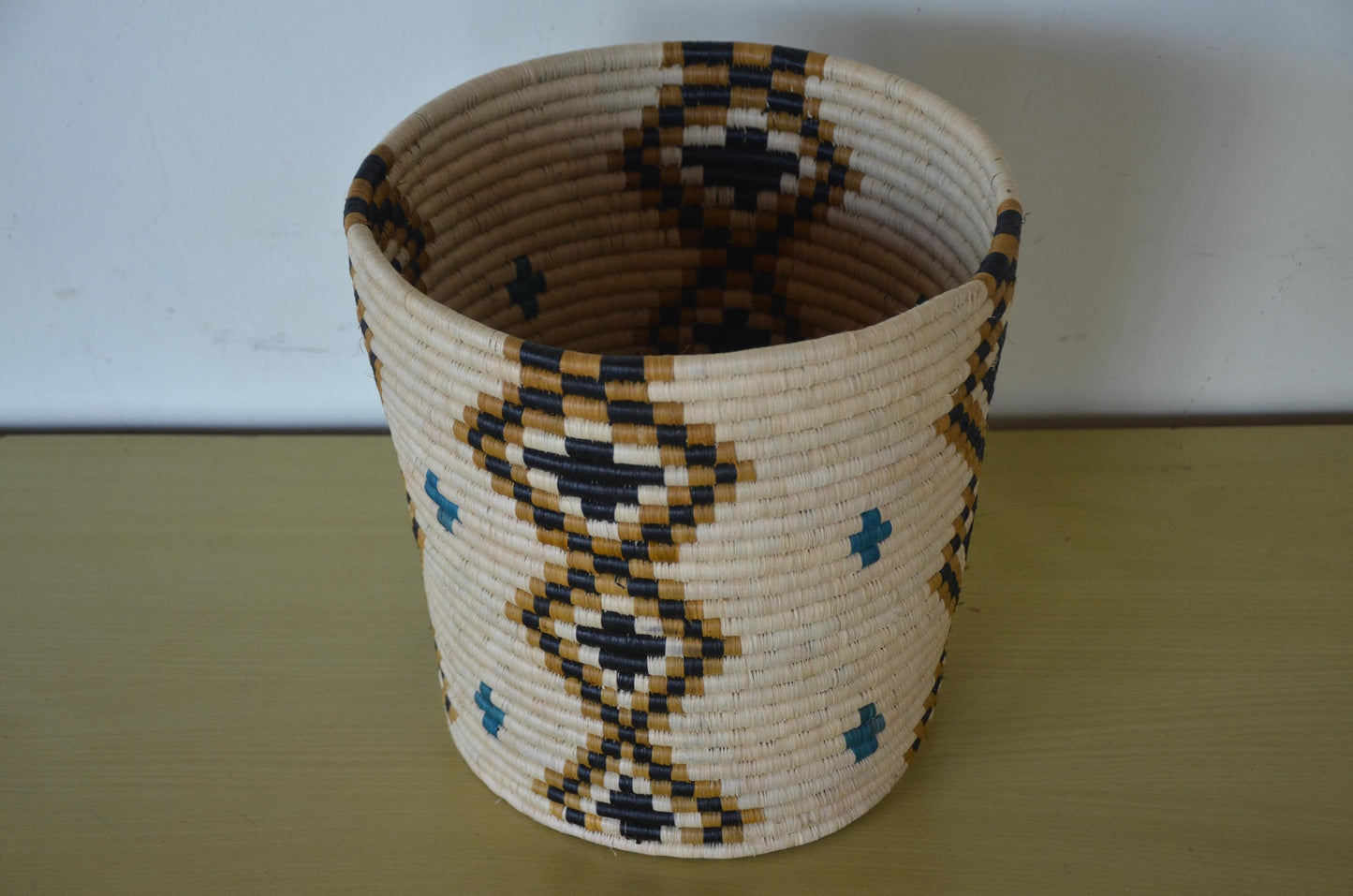 African Coiled Basket | Handwoven Diamond Pattern Bin | Turquoise Accent Storage Art