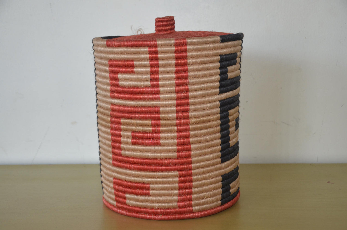 Handwoven Coiled Basket with Lid | Terracotta Geometric Maze Bin | Sisal Storage Box