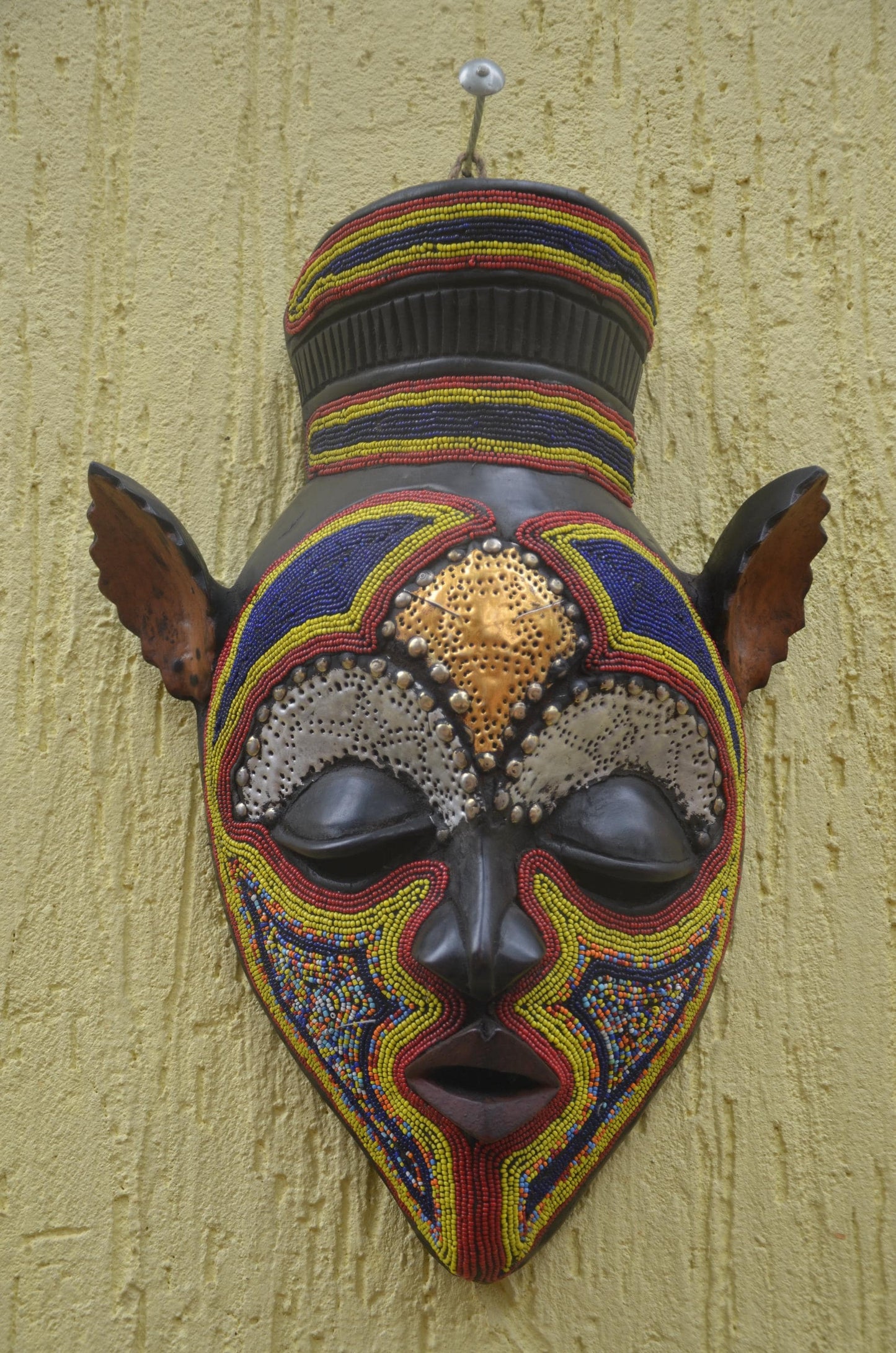 Bamana Beaded Mask | Authentic Malian Tribal Art | Metal-Overlay Ceremonial Sculpture
