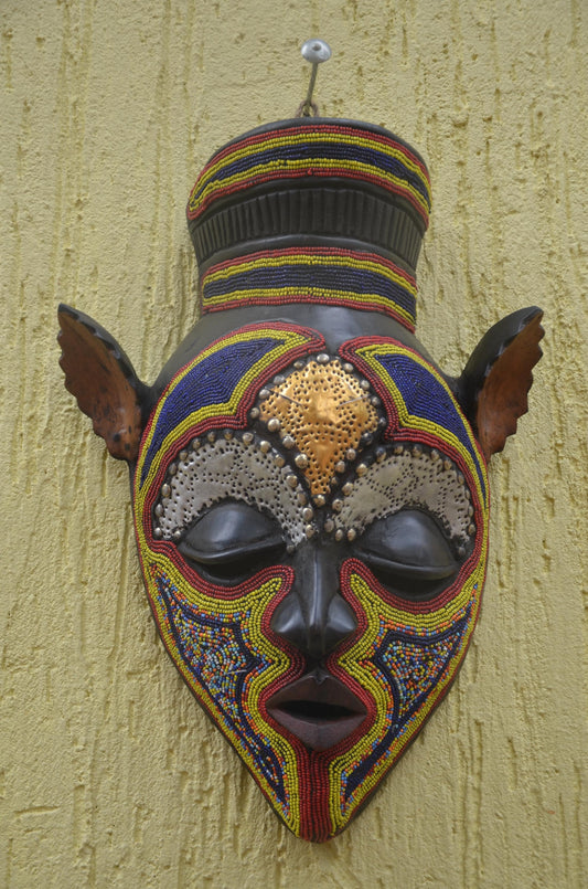 Bamana Beaded Mask | Authentic Malian Tribal Art | Metal-Overlay Ceremonial Sculpture
