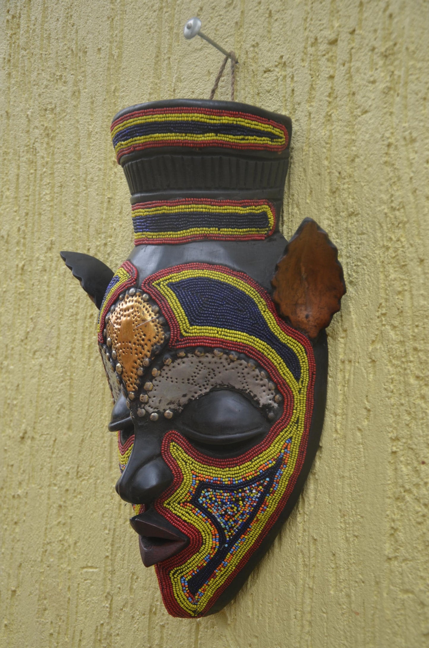 Bamana Beaded Mask | Authentic Malian Tribal Art | Metal-Overlay Ceremonial Sculpture
