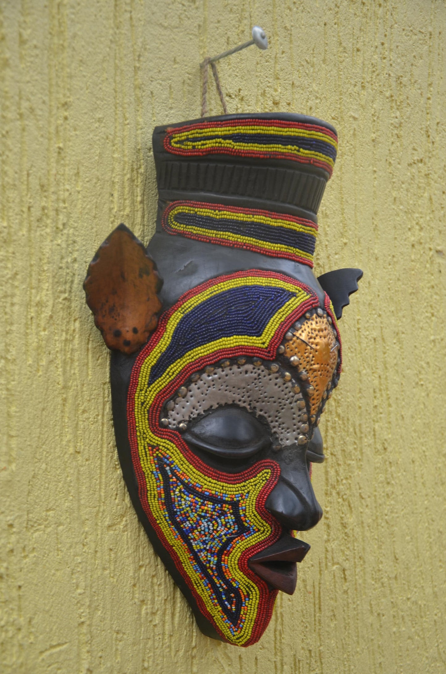 Bamana Beaded Mask | Authentic Malian Tribal Art | Metal-Overlay Ceremonial Sculpture