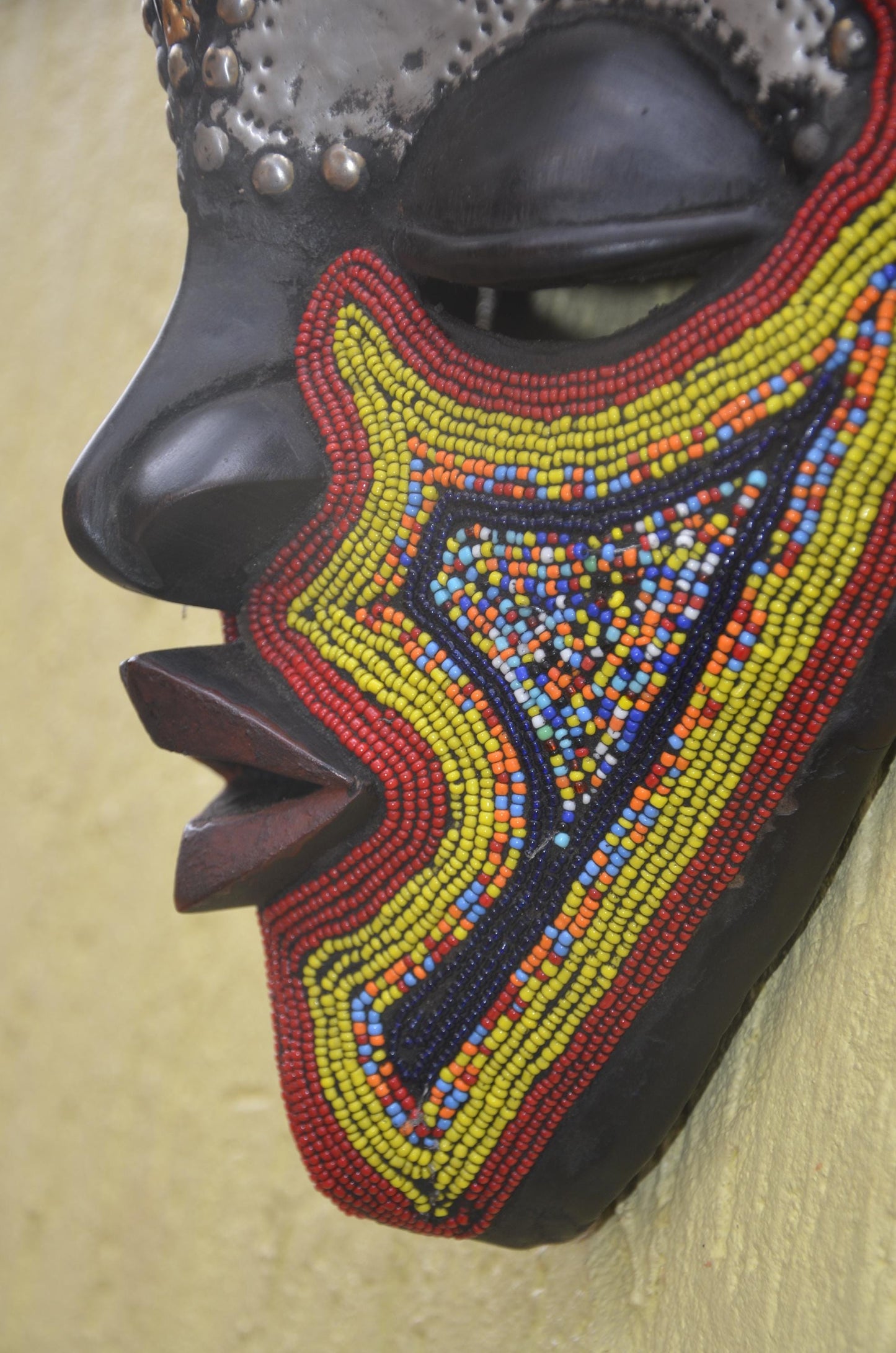 Bamana Beaded Mask | Authentic Malian Tribal Art | Metal-Overlay Ceremonial Sculpture