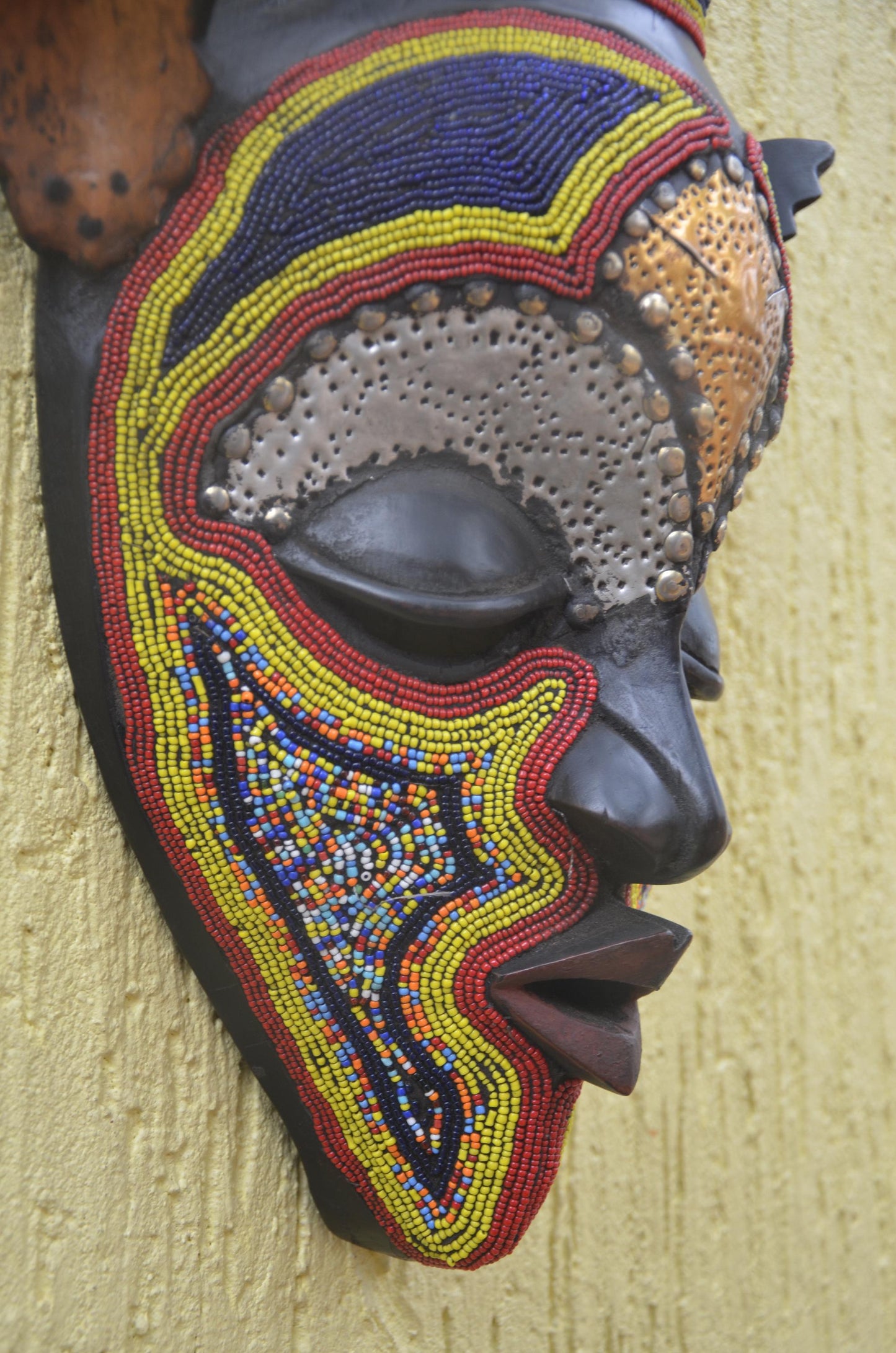 Bamana Beaded Mask | Authentic Malian Tribal Art | Metal-Overlay Ceremonial Sculpture