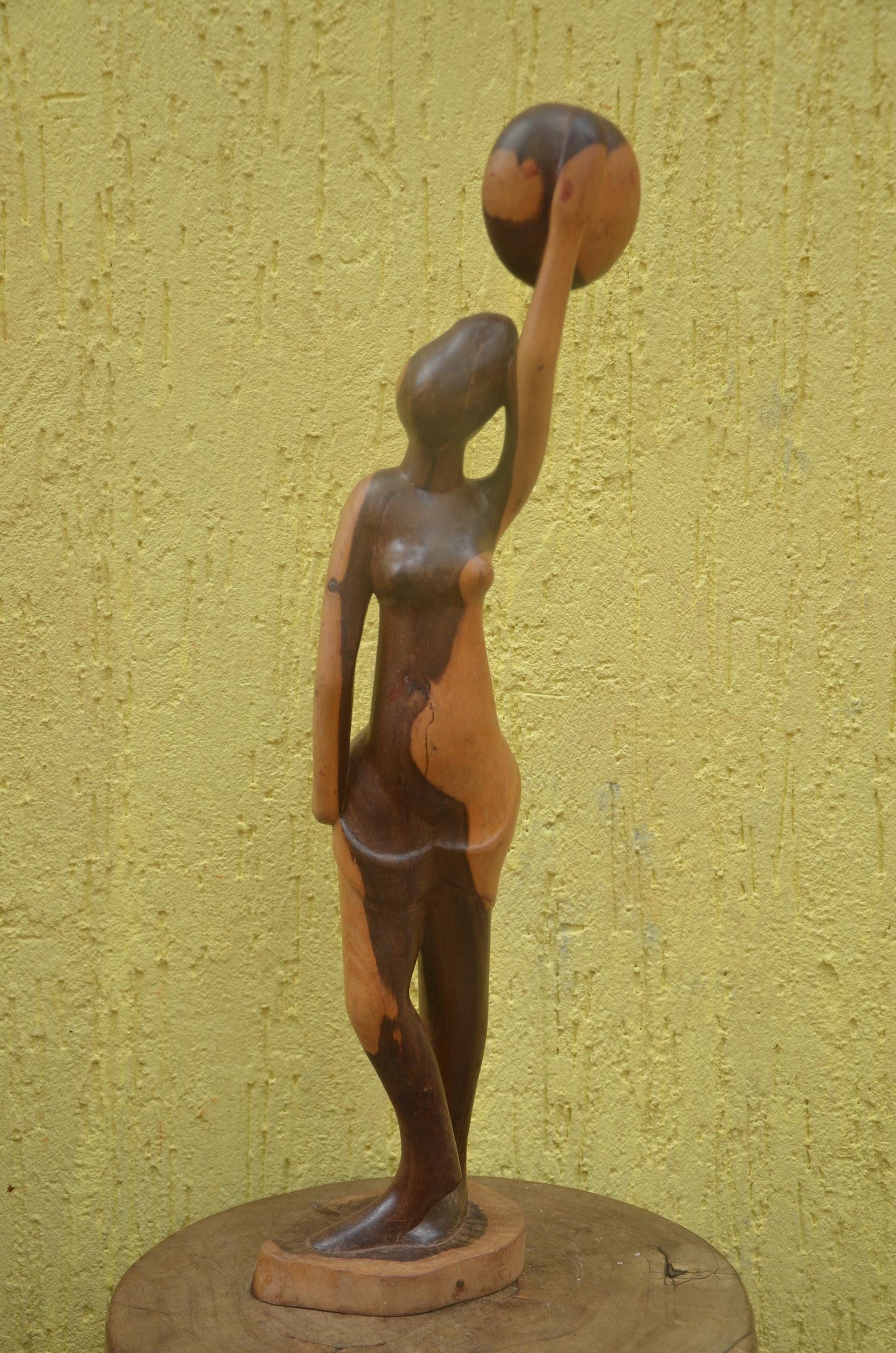 African Woman with Basket Sculpture | Hand-Carved Dual-Tone Wood | Graceful Figurine
