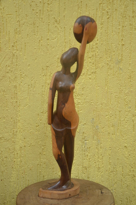 African Woman with Basket Sculpture | Hand-Carved Dual-Tone Wood | Graceful Figurine