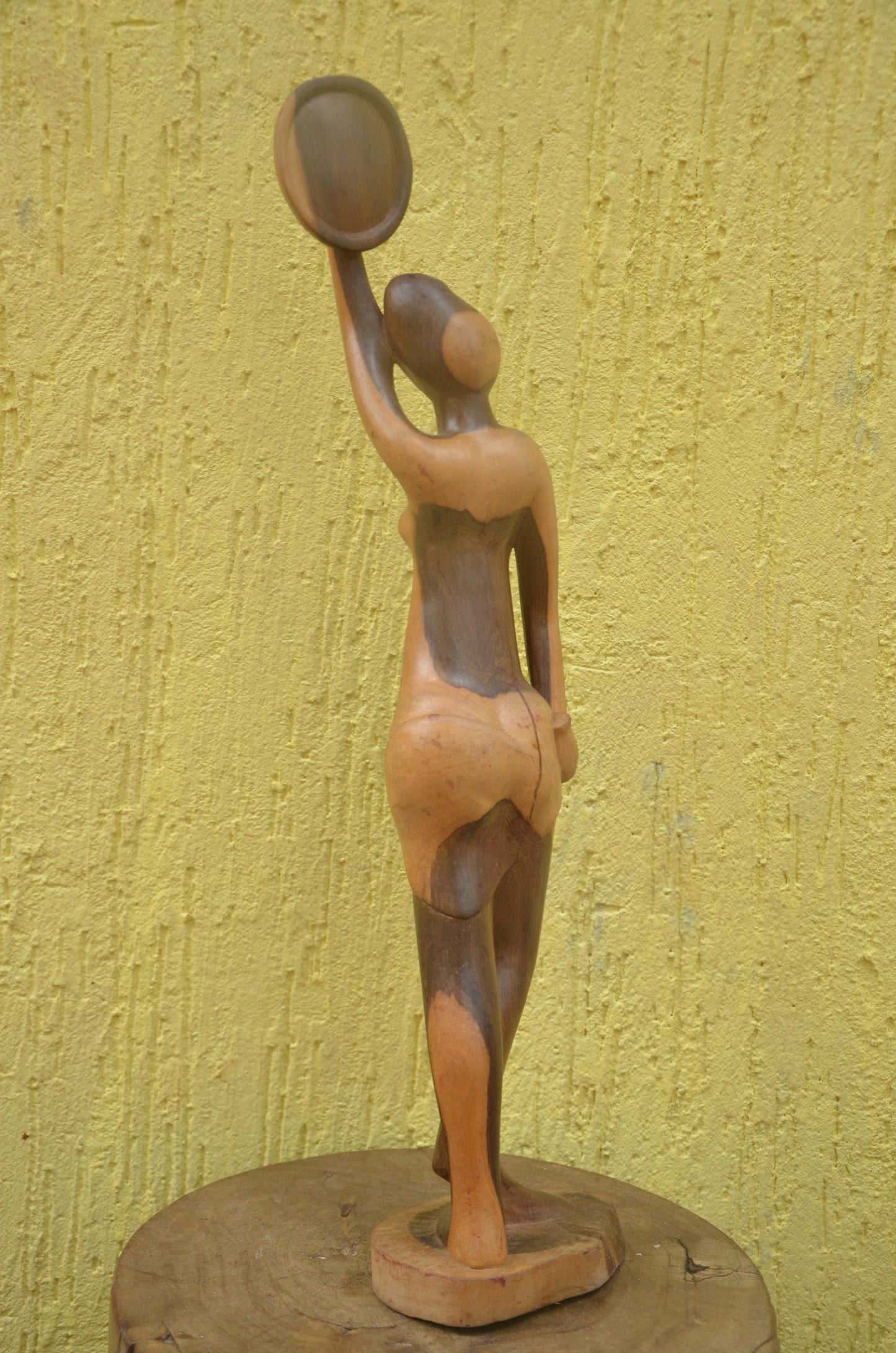 African Woman with Basket Sculpture | Hand-Carved Dual-Tone Wood | Graceful Figurine