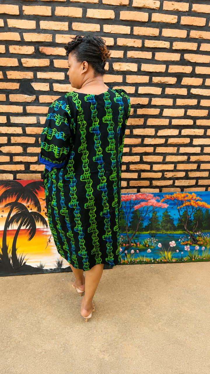 Emerald Boubou Dress | Royal Green African Maxi Gown | Oversized Flowy Kaftan With Blue
