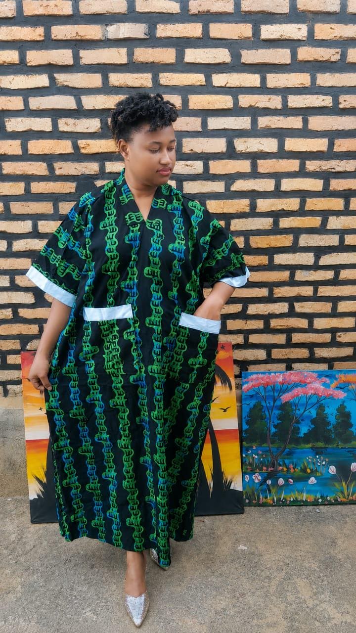 Emerald Boubou Dress | Royal Green African Maxi Gown | Oversized Flowy Kaftan With Blue