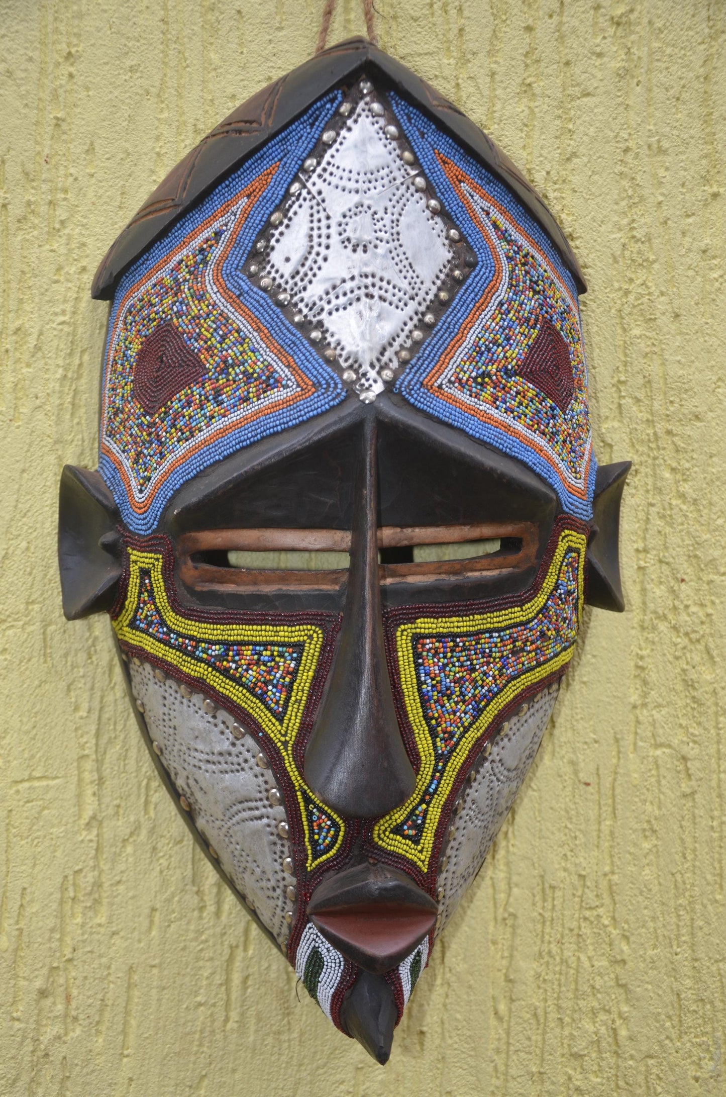 Lwalwa Beaded Mask | Hand-Carved Wood Cubist Art | Congo Colorful Geometric Tribal Decor