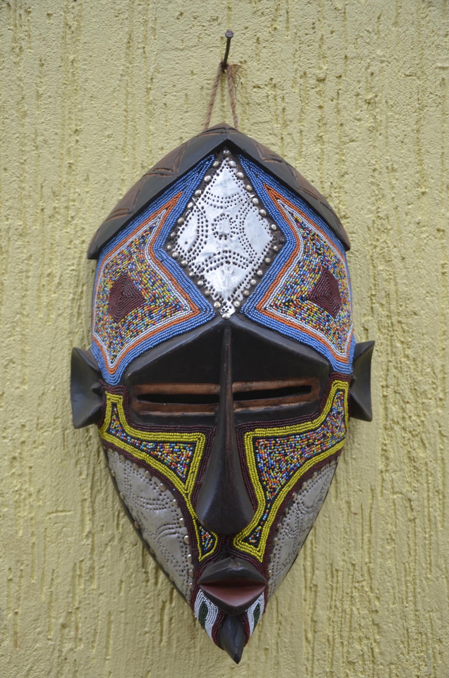 Lwalwa Beaded Mask | Hand-Carved Wood Cubist Art | Congo Colorful Geometric Tribal Decor