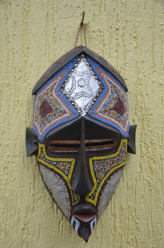 Lwalwa Beaded Mask | Hand-Carved Wood Cubist Art | Congo Colorful Geometric Tribal Decor