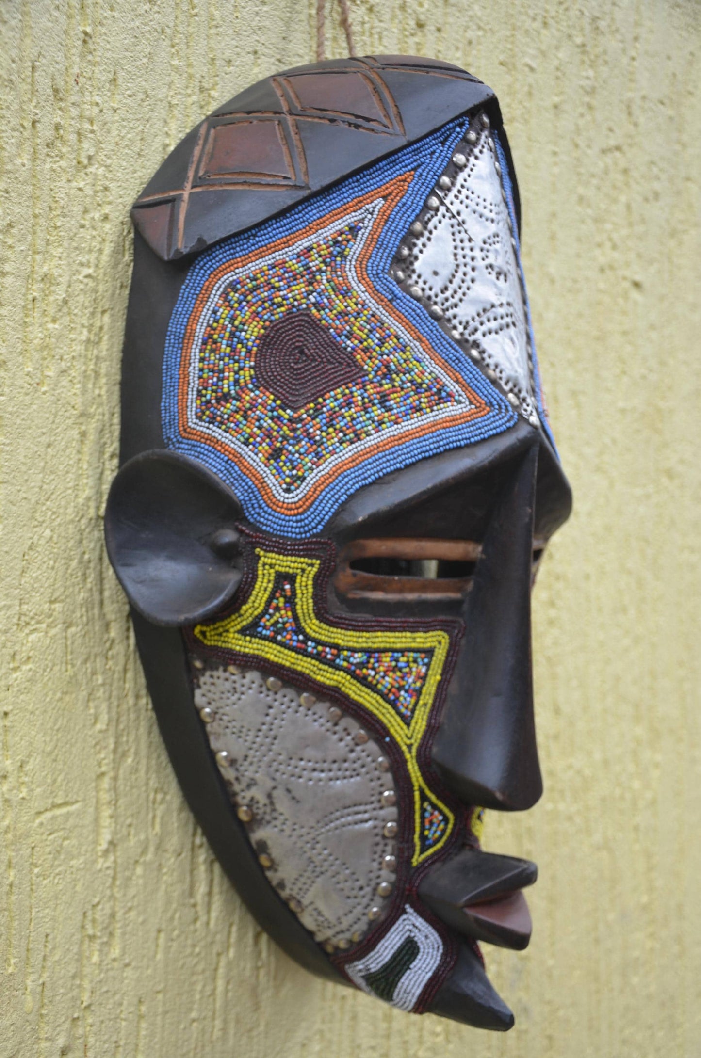 Lwalwa Beaded Mask | Hand-Carved Wood Cubist Art | Congo Colorful Geometric Tribal Decor