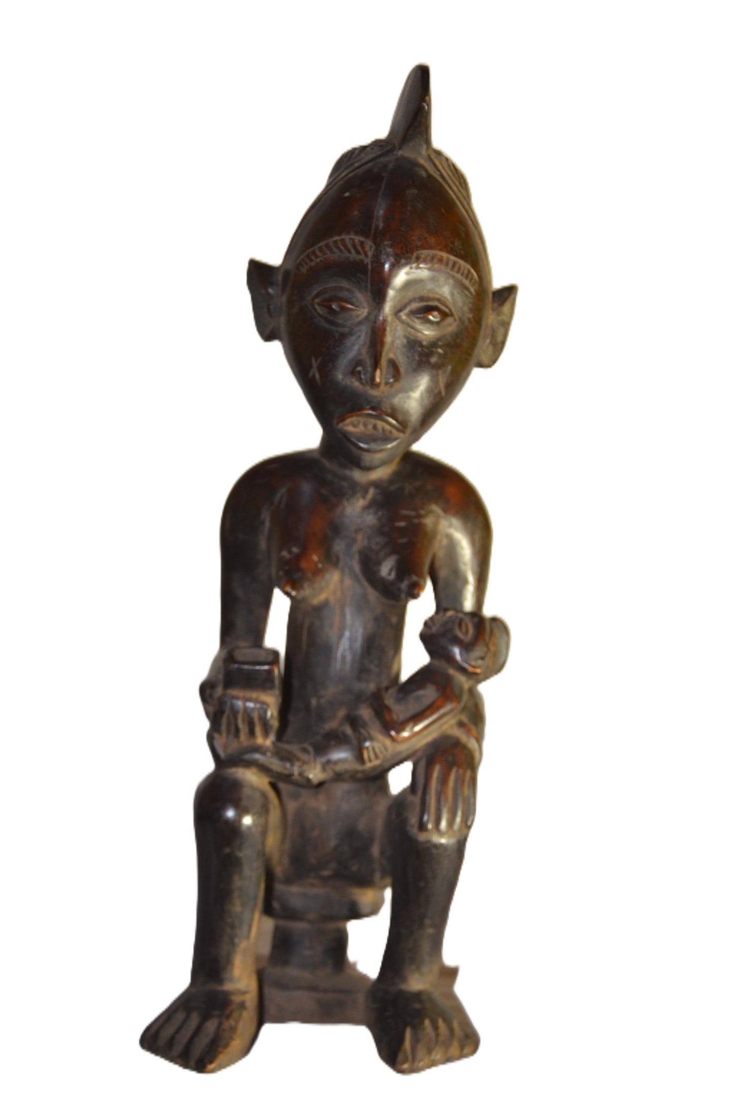 Chokwe Maternity Figure Seated | African Wood Sculpture | Congo Tribal Statue