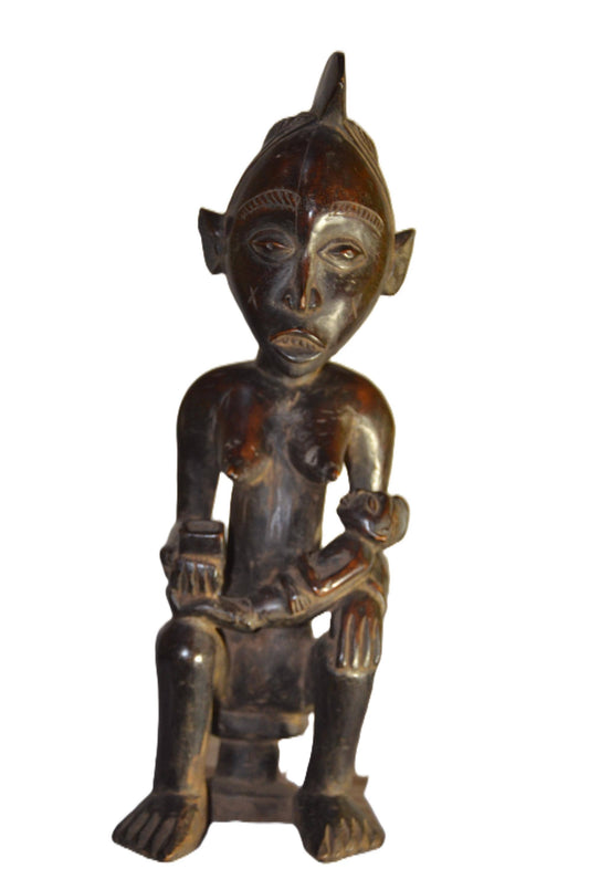 Chokwe Maternity Figure Seated | African Wood Sculpture | Congo Tribal Statue