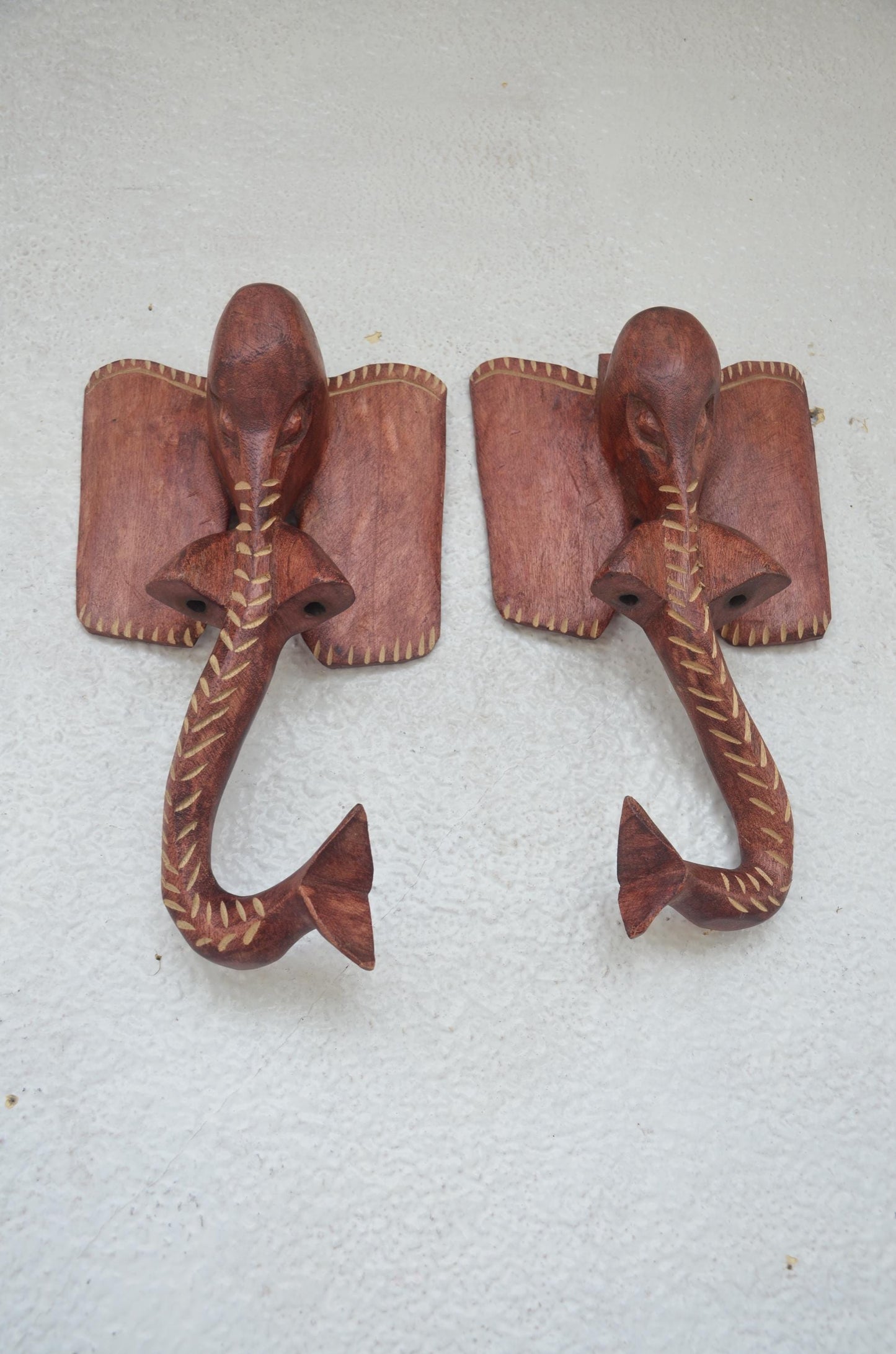Nyiragongo Elephant Hooks | Hand-Carved Wood Trunk Pair | African Wildlife Wall Coat Rack