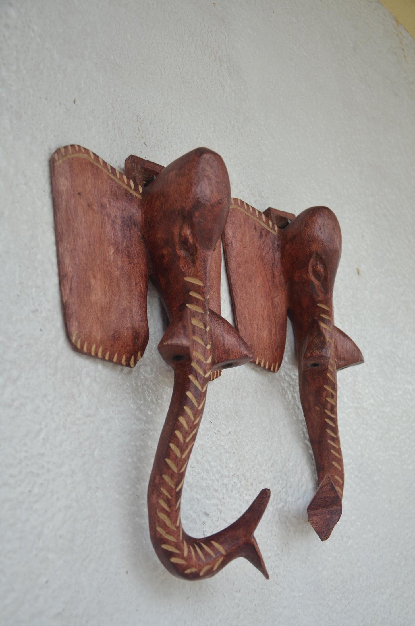Nyiragongo Elephant Hooks | Hand-Carved Wood Trunk Pair | African Wildlife Wall Coat Rack