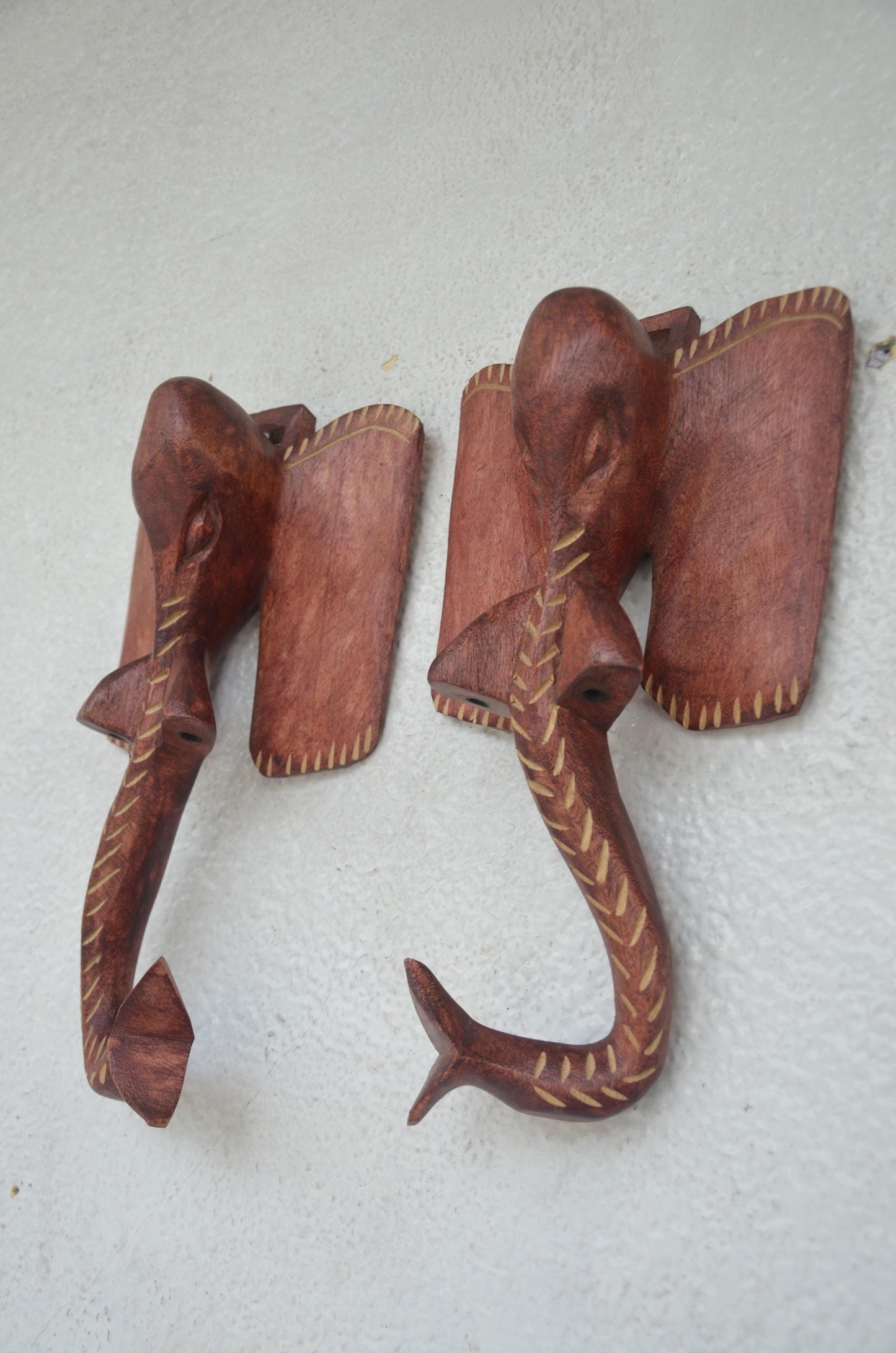 Nyiragongo Elephant Hooks | Hand-Carved Wood Trunk Pair | African Wildlife Wall Coat Rack