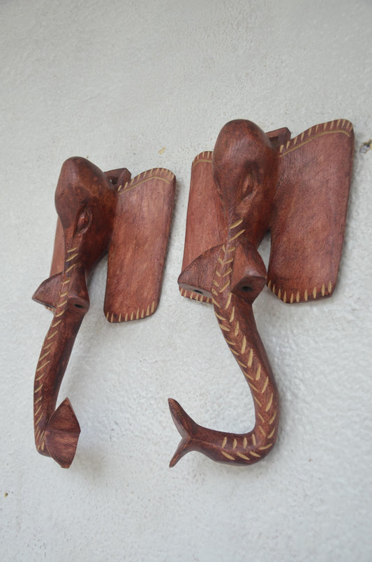 Nyiragongo Elephant Hooks | Hand-Carved Wood Trunk Pair | African Wildlife Wall Coat Rack