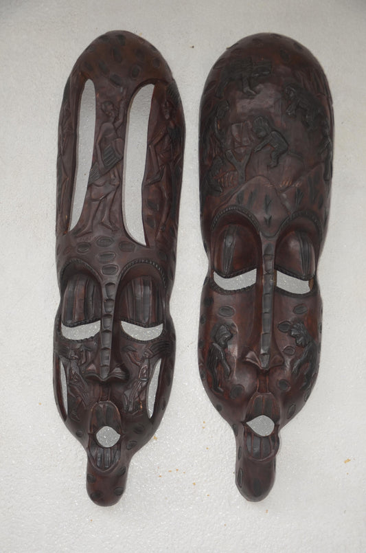 Bungura Couple Masks | Large Hand-Carved Wood Panel | 46-Inch African Ancestral Wall Art