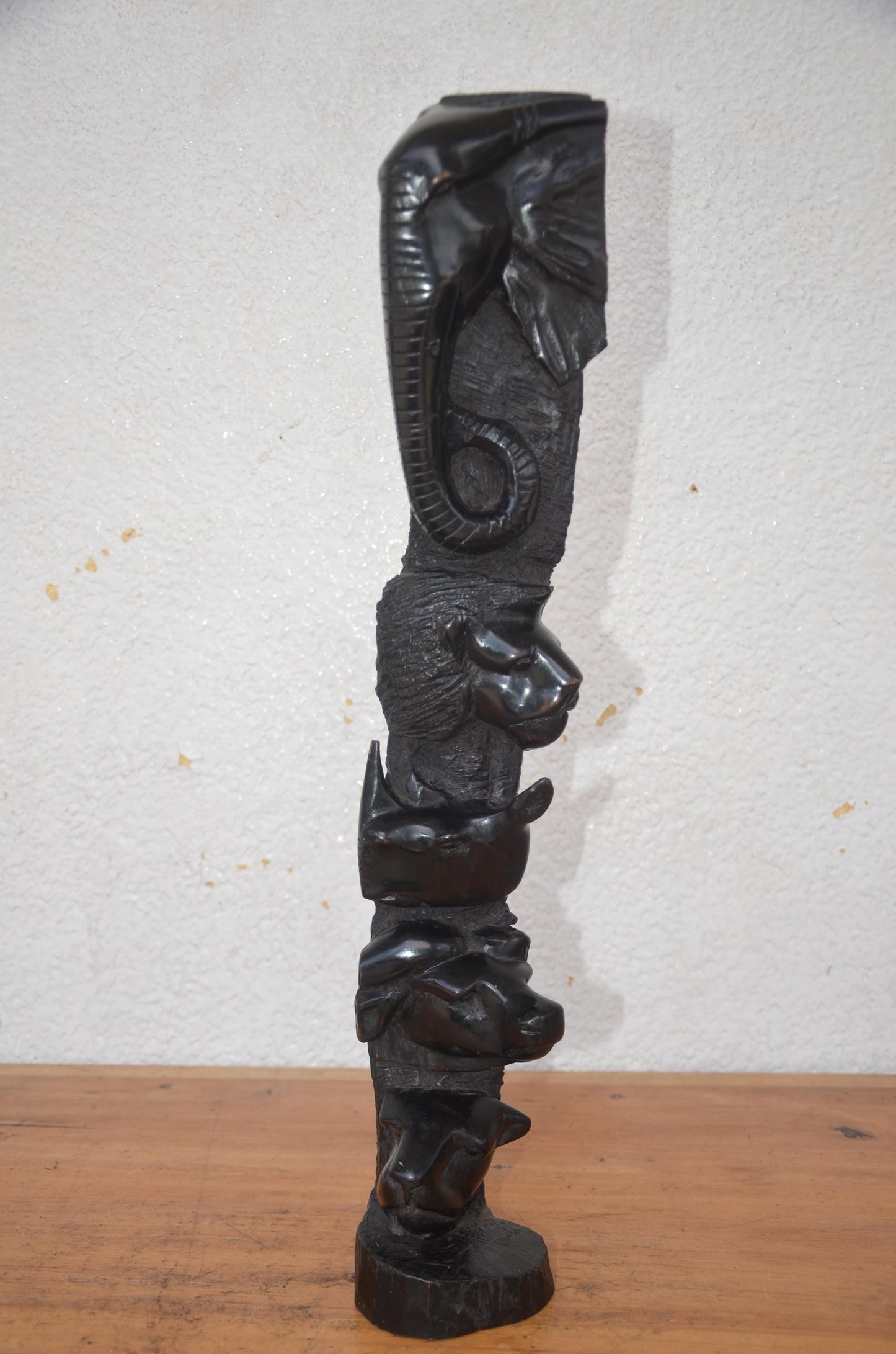 African Big Five Totem | Hand-Carved Wood Safari Pillar | Elephant Lion Leopard Statue