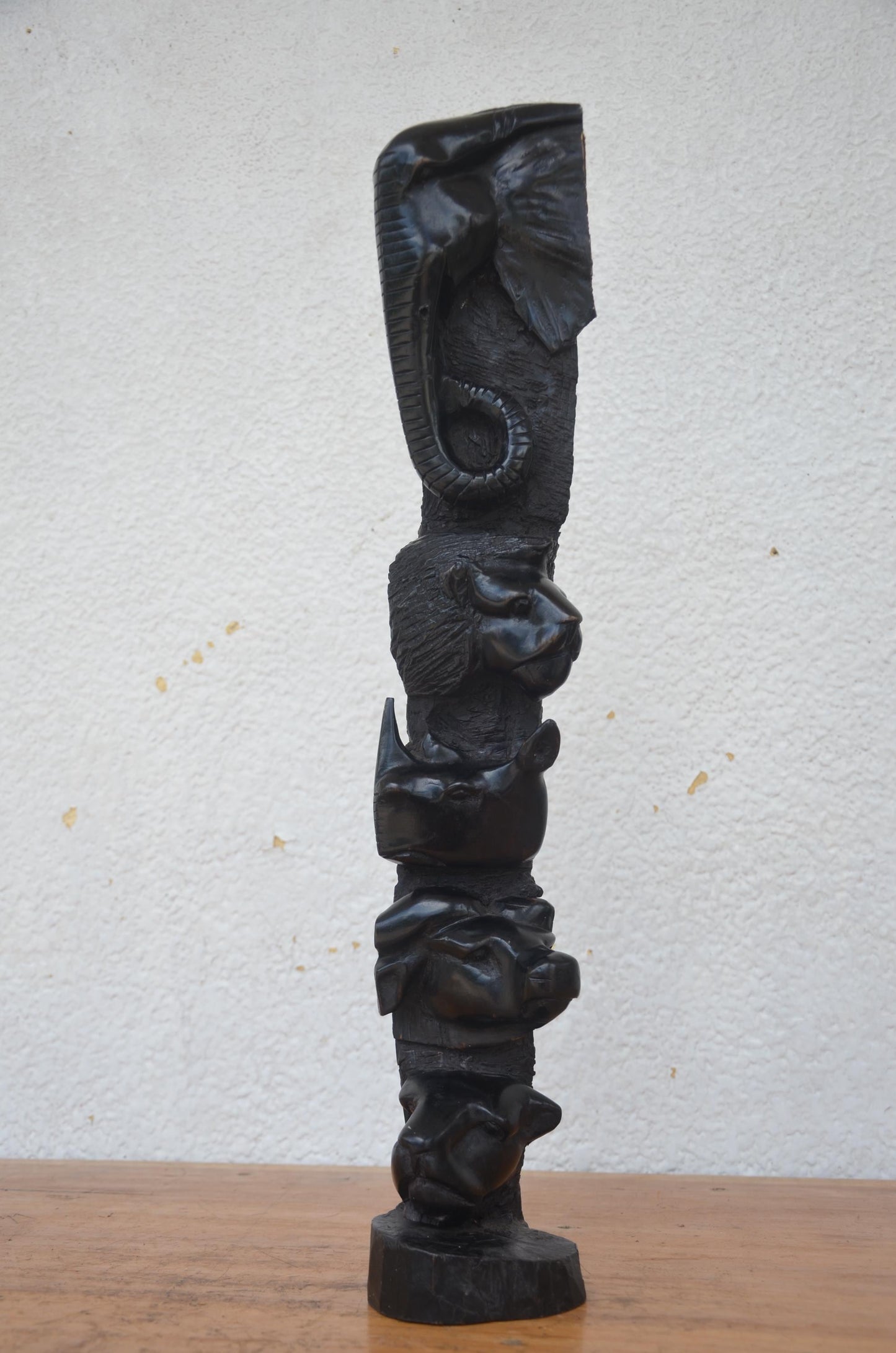 African Big Five Totem | Hand-Carved Wood Safari Pillar | Elephant Lion Leopard Statue